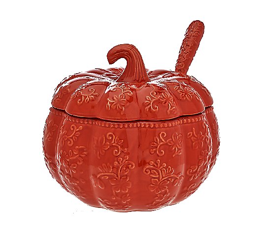 Temp-tations 4 qt Soup Tureen with Lid Floral Lace Amber Embossed Pumpkin,