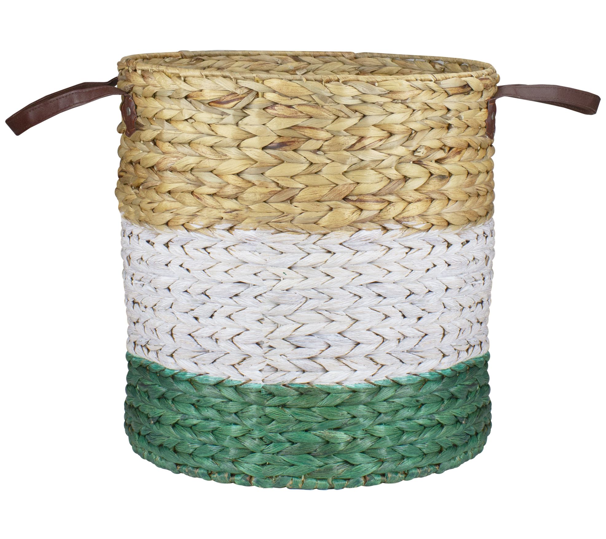 Northlight 16" Beige White & Teal Braided Basket w/ Handles
