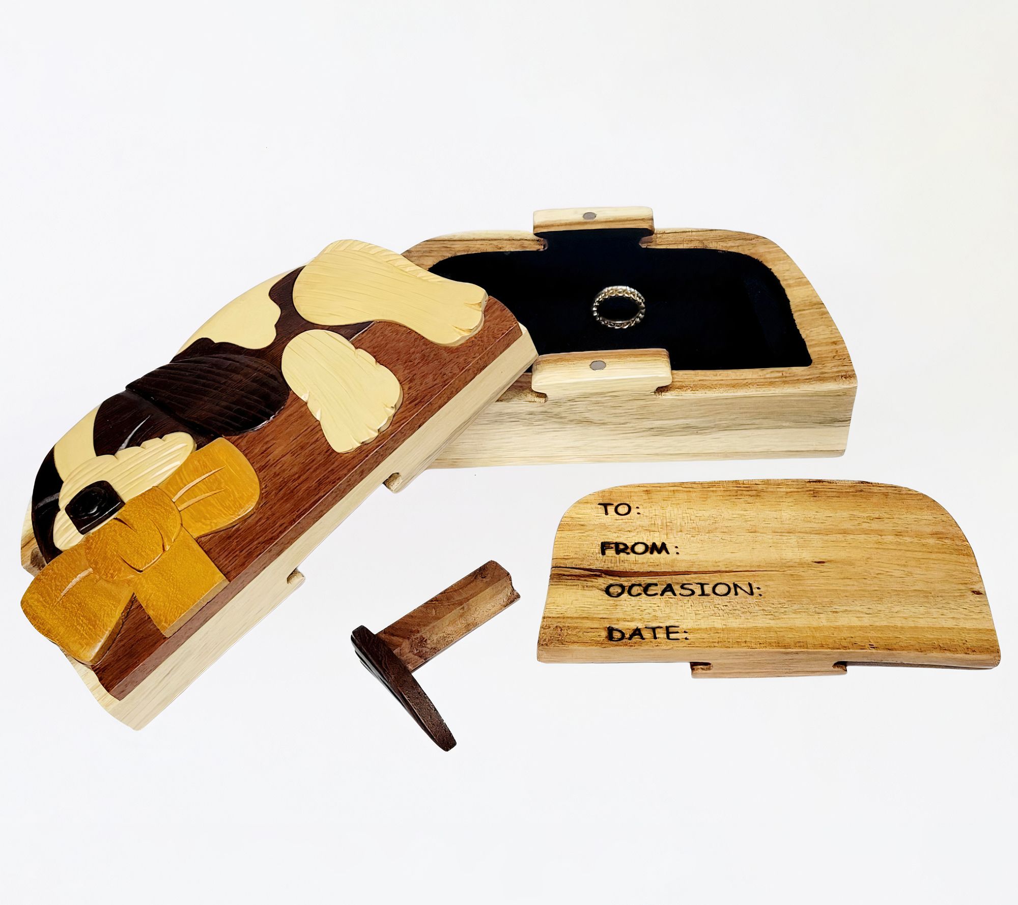 Carver Dan's Dog with Bow Wooden Puzzle Box w/ Closure