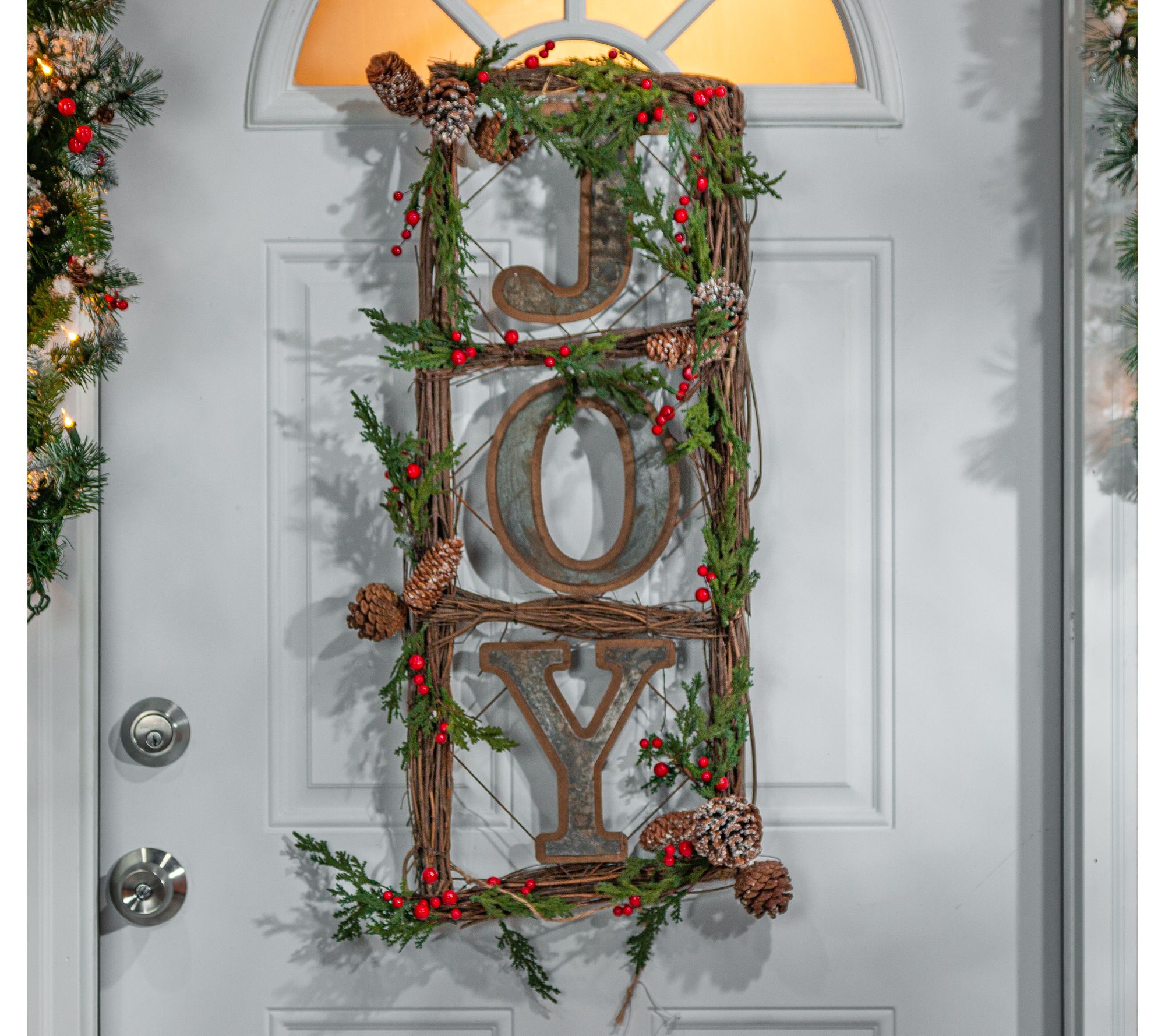 Natural Twig "JOY" Door Wreaths w/ Berry and Pinecone Accents