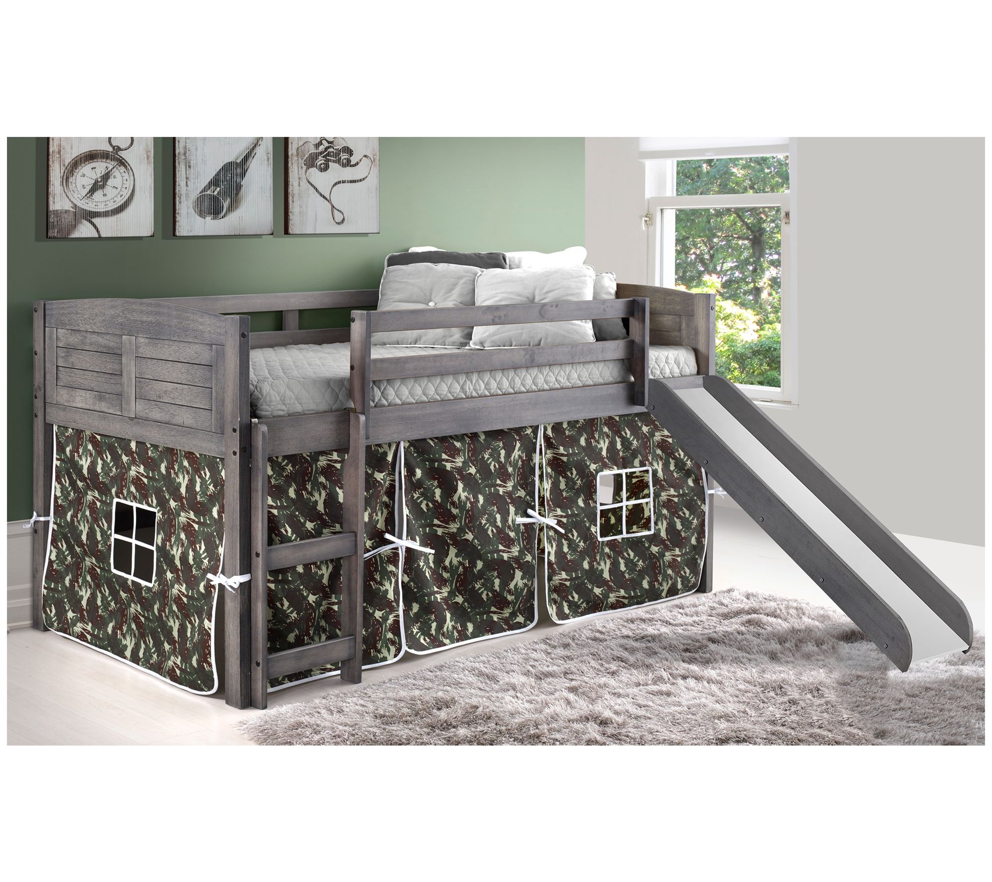 Donco Kids Twin Louver Low Loft Bed w/Slide & Print Tent Kit