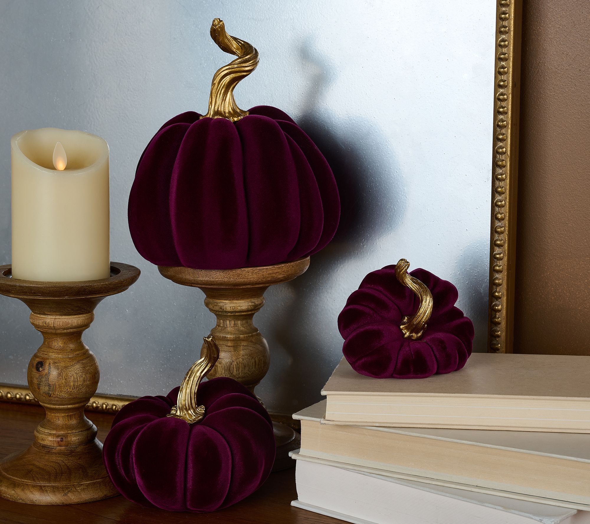 Set of 3 Flocked Pumpkins with Gold Stems by Valerie