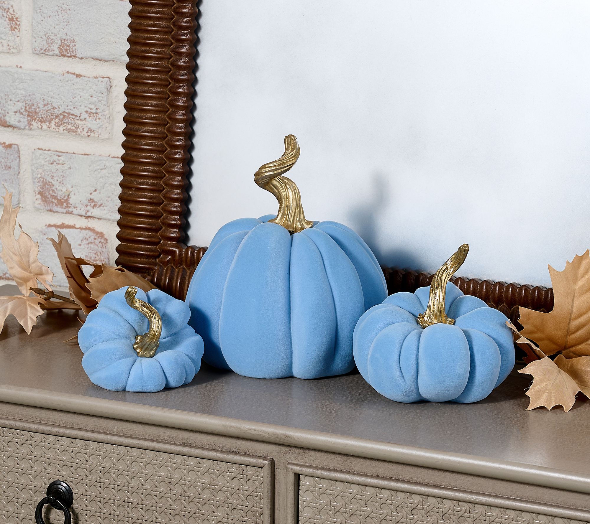 Set of 3 Flocked Pumpkins with Gold Stems by Valerie