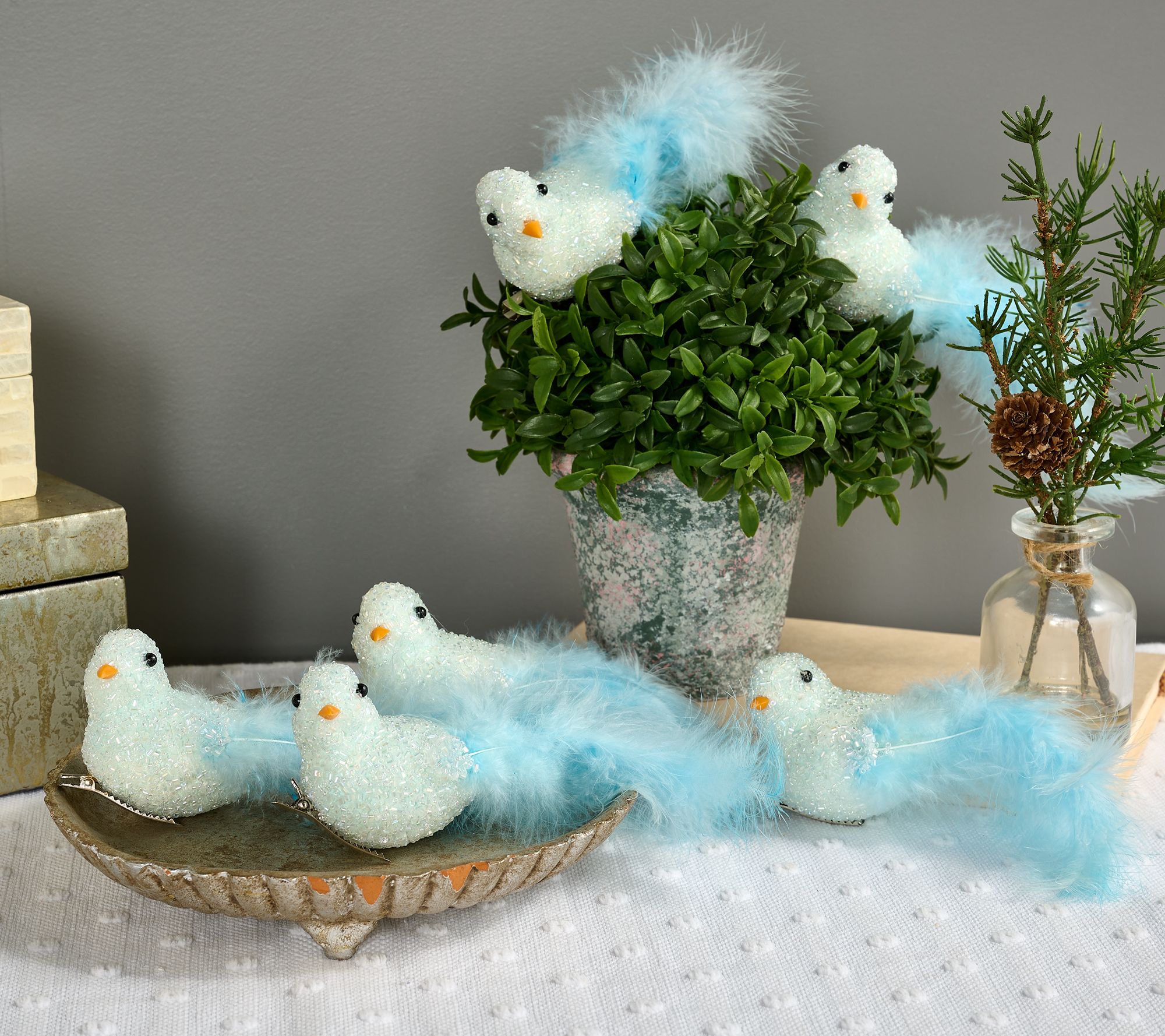 Set of 6 Beaded Bird Clips with Feather Tail by Valerie