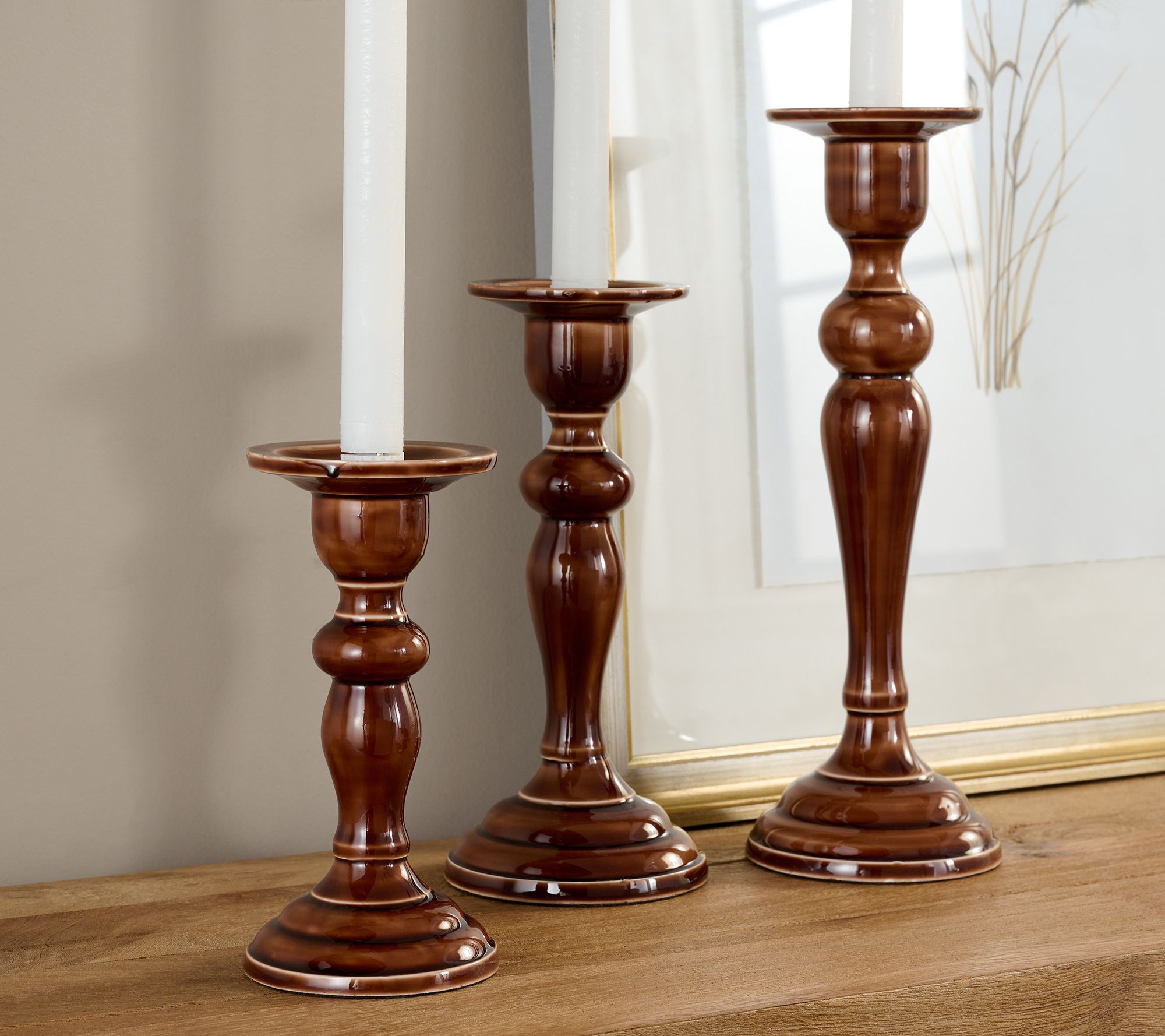 "As Is" Set of 3 Polished Enamel Pedestal Candle Holders by Valerie