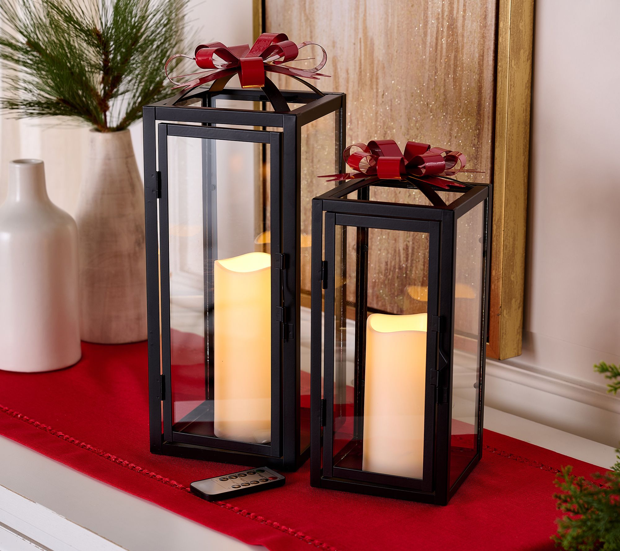 Kringle Express S/2 Flameless Metal Lanterns with Removable Christmas Bows