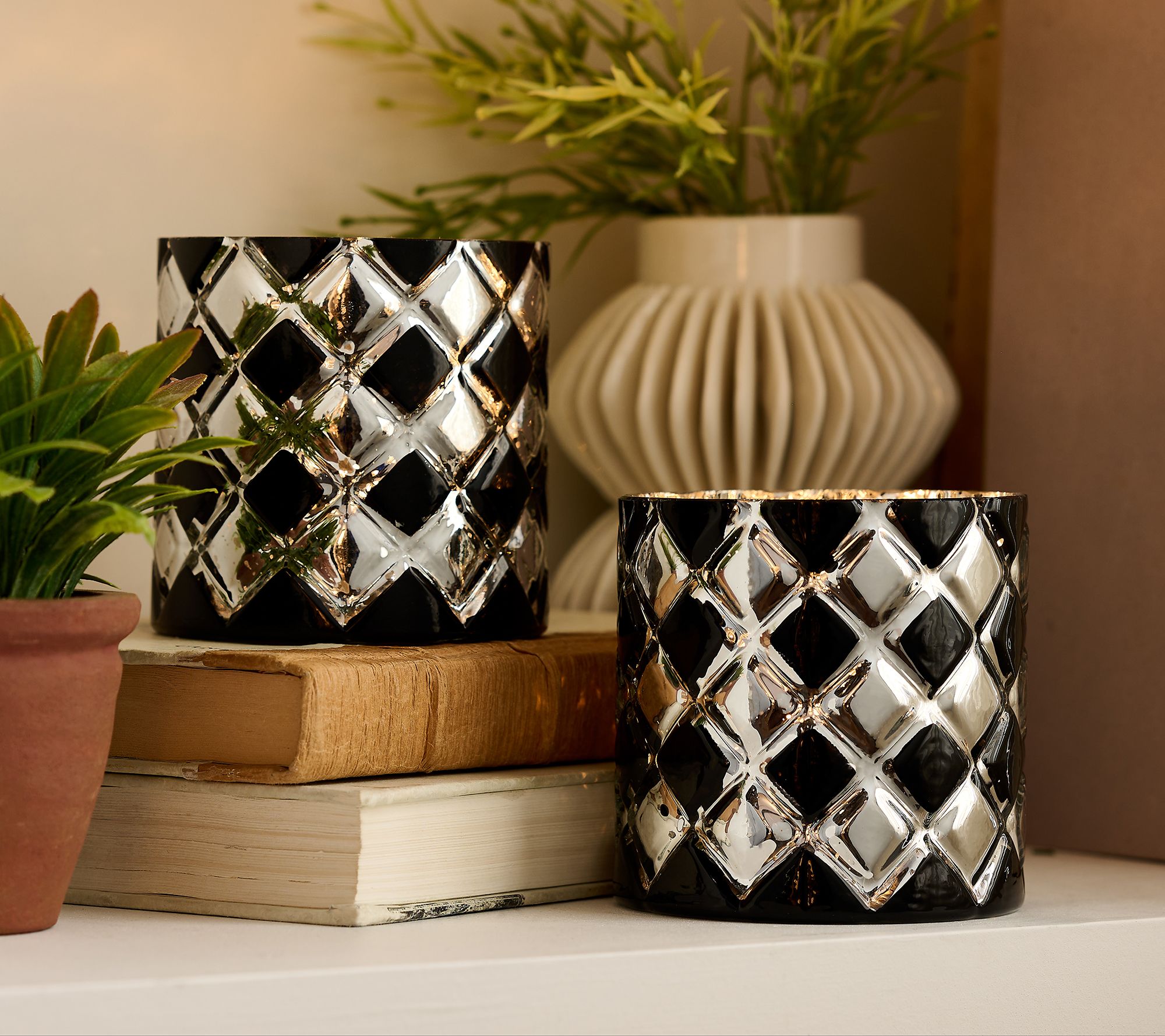 "As Is" Set of 2 Lit Harlequin Mini Glass Hurricanes by Valerie