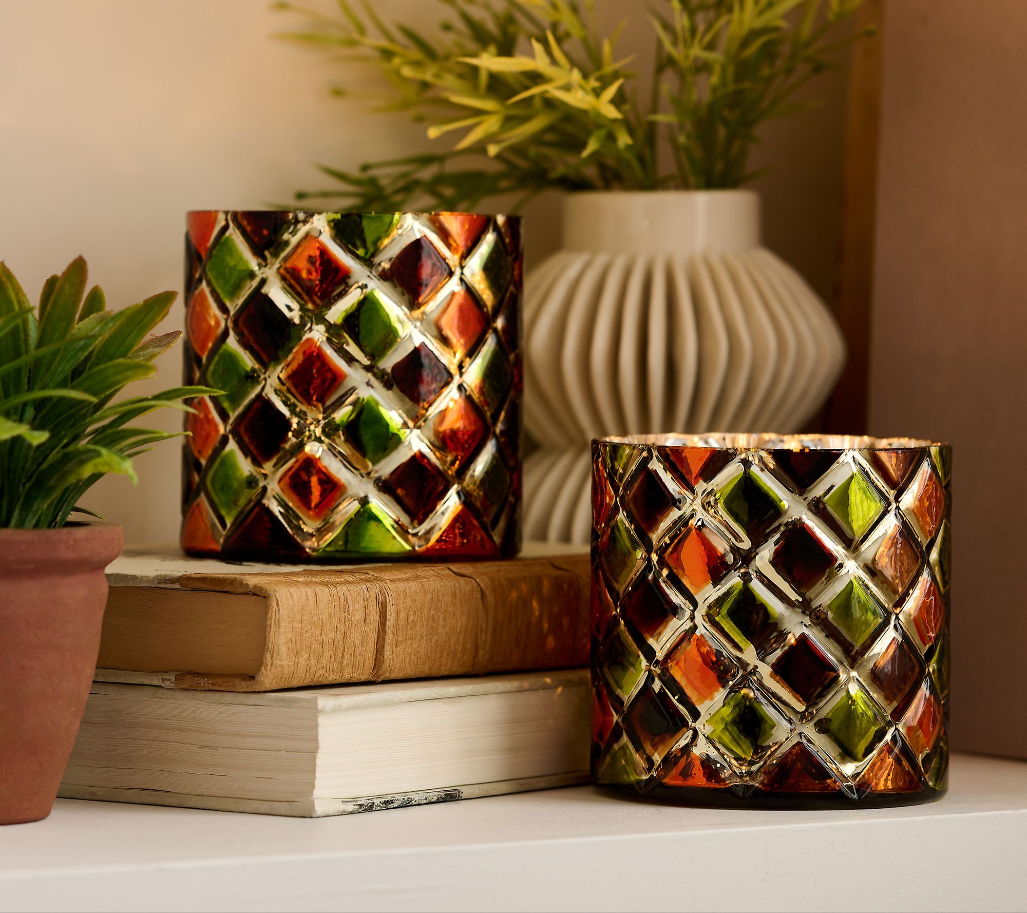 "As Is" Set of 2 Lit Harlequin Mini Glass Hurricanes by Valerie