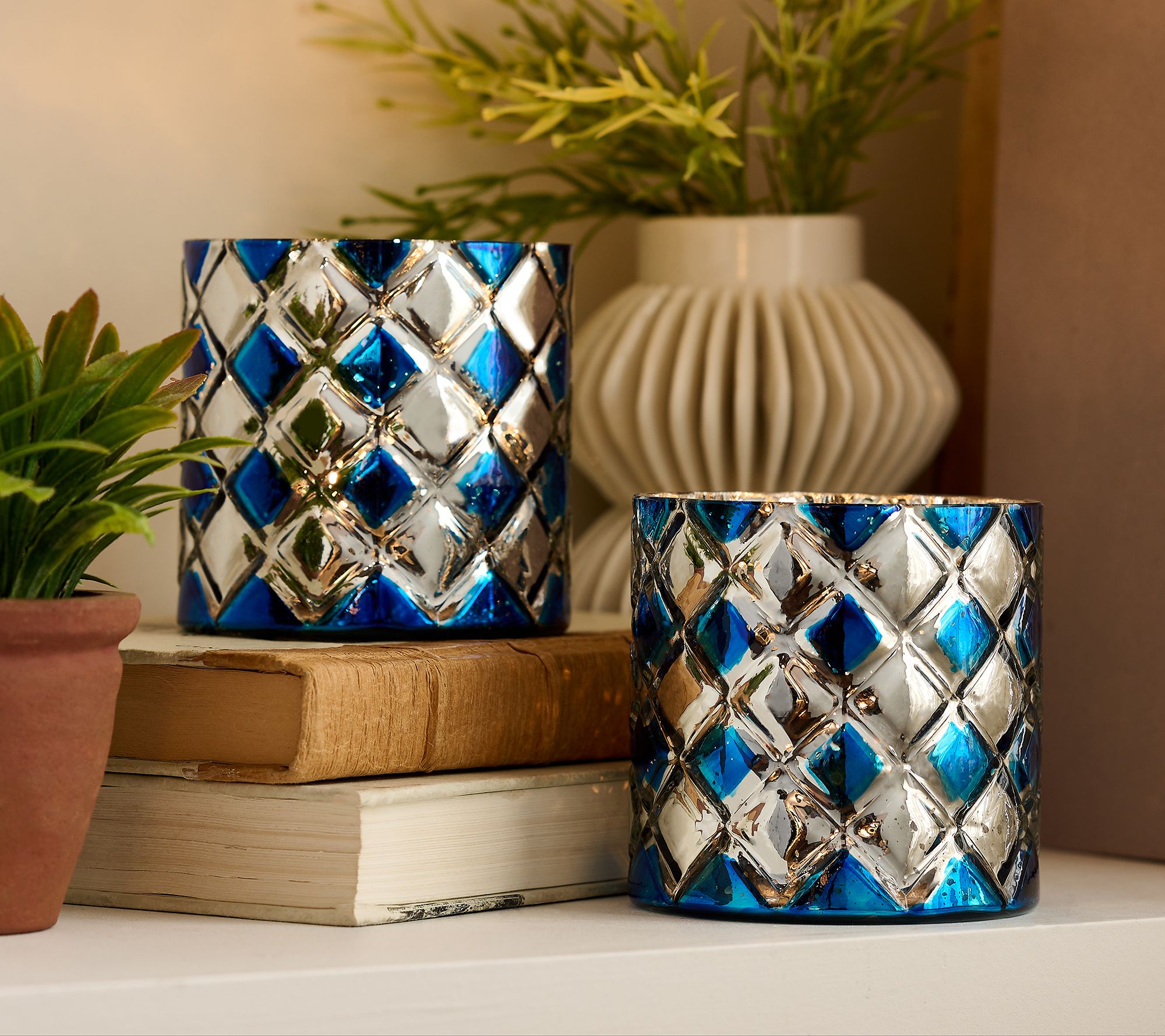 "As Is" Set of 2 Lit Harlequin Mini Glass Hurricanes by Valerie