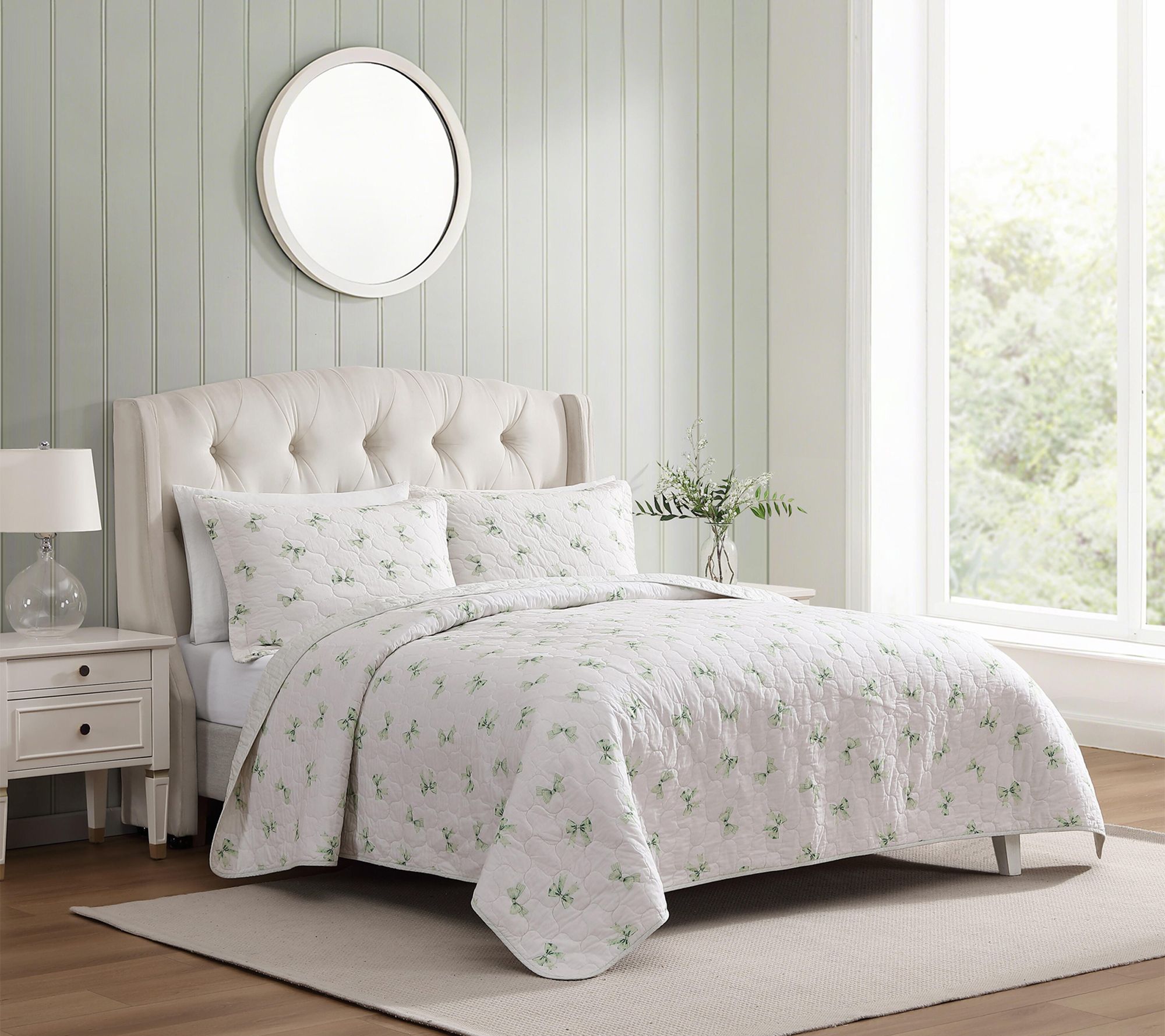 Laura Ashley Bouncy Bows Green/Cream Cotton Twin Quilt Set