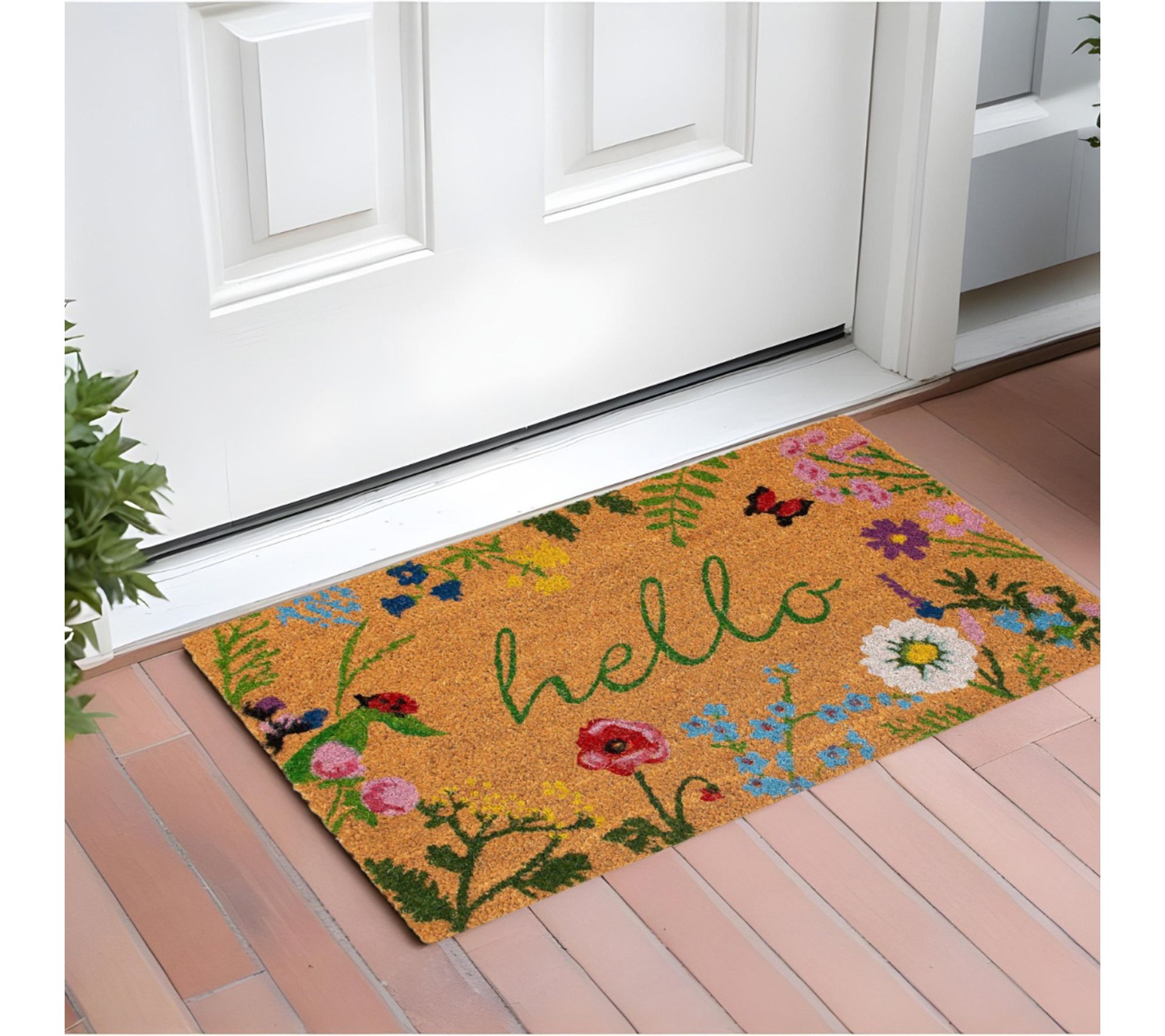 HomeRoots 24" X 36" Natural & Green Floral Hello Door Mat
