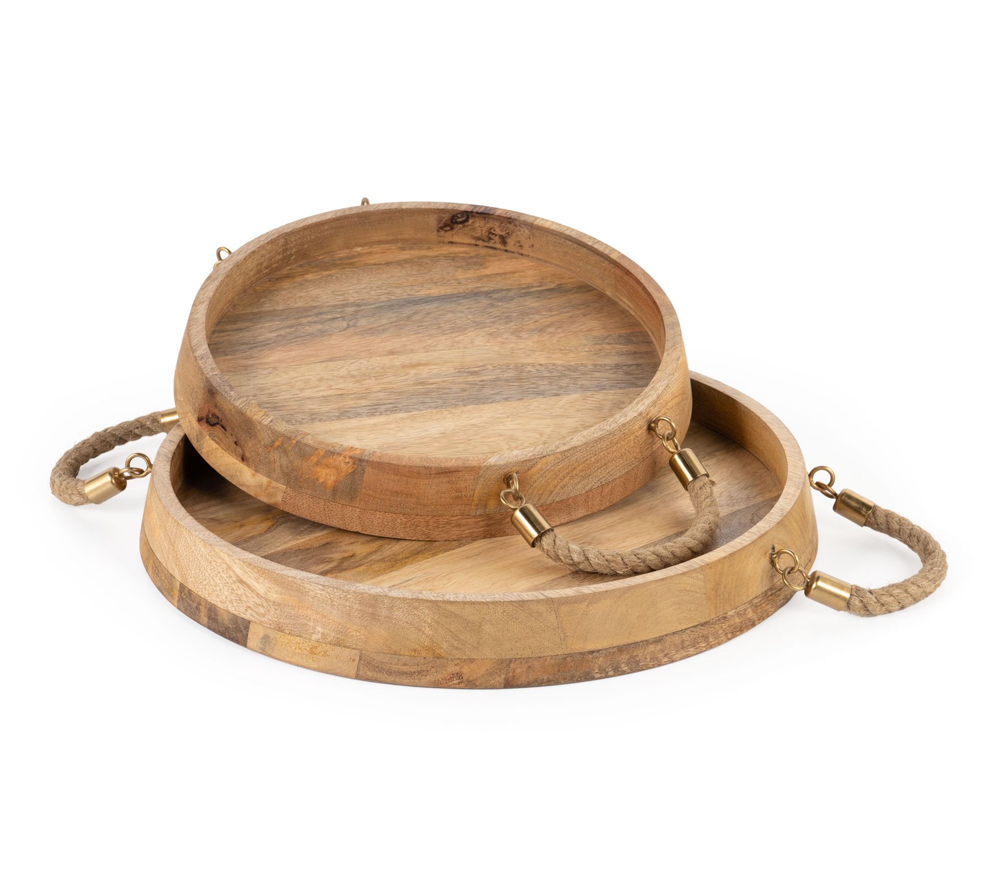 HomeRoots Set of Two Brown Round Solid Wood Serving Trays