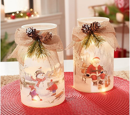 Set of (2) 8" Icy Illuminated Milk Jugs with Scene by Valerie