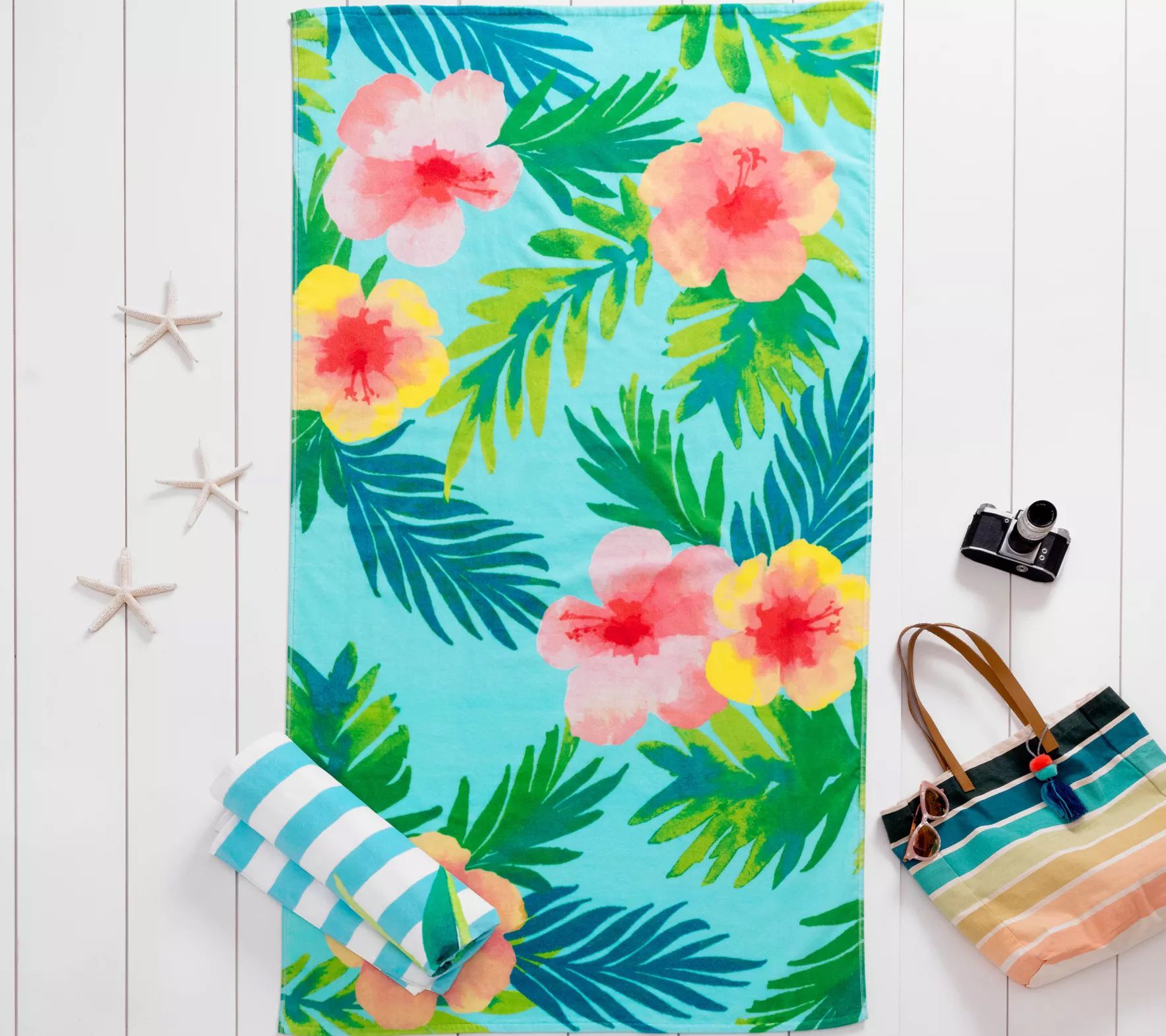 Welspun Basics Floral Palm & Pineapple Stripe Beach Towel Set 