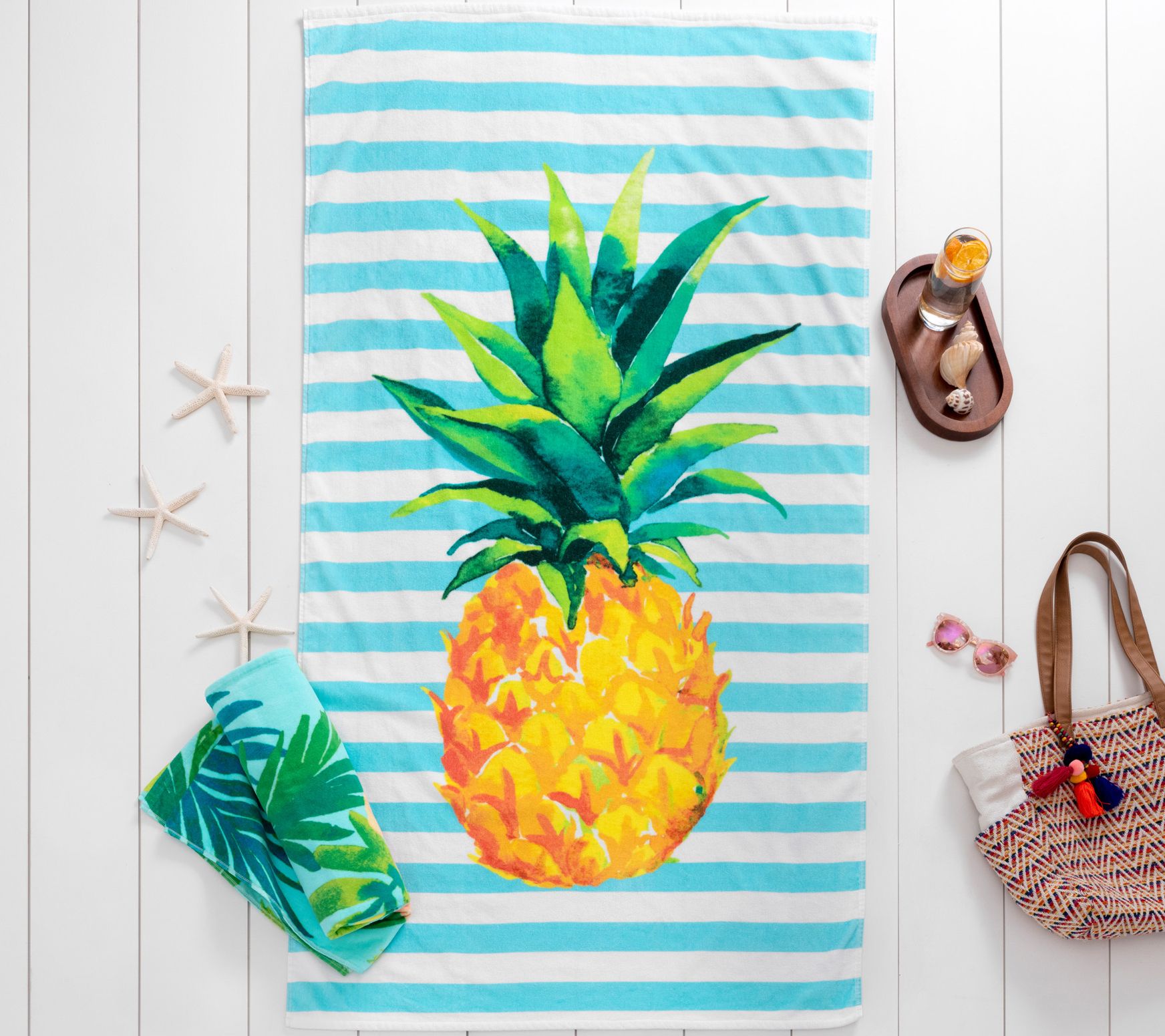 Welspun Basics Floral Palm & Pineapple Stripe Beach Towel Set 