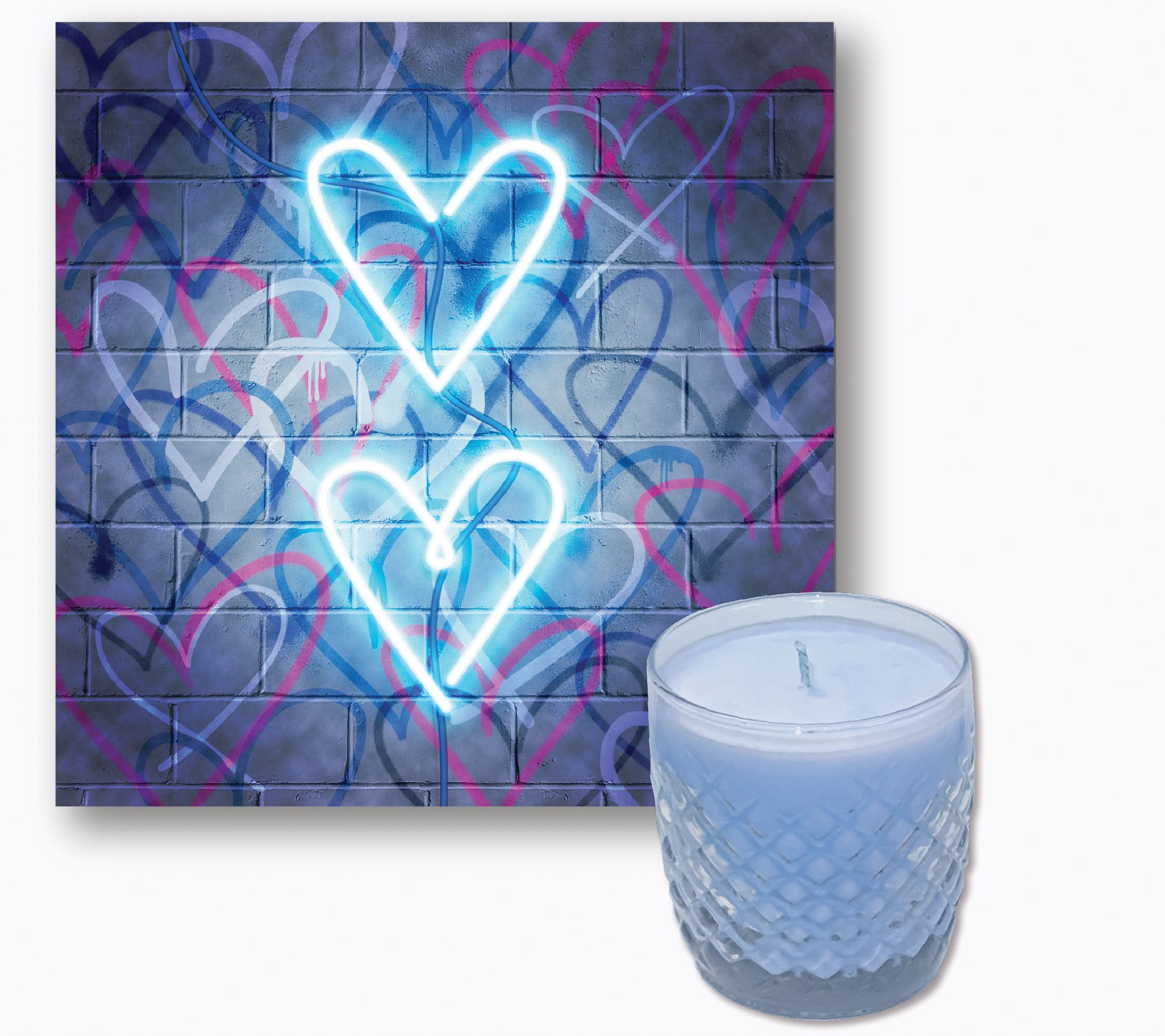 Courtside Neon Heart I 8x8 Art Board & 9 oz Candle Set