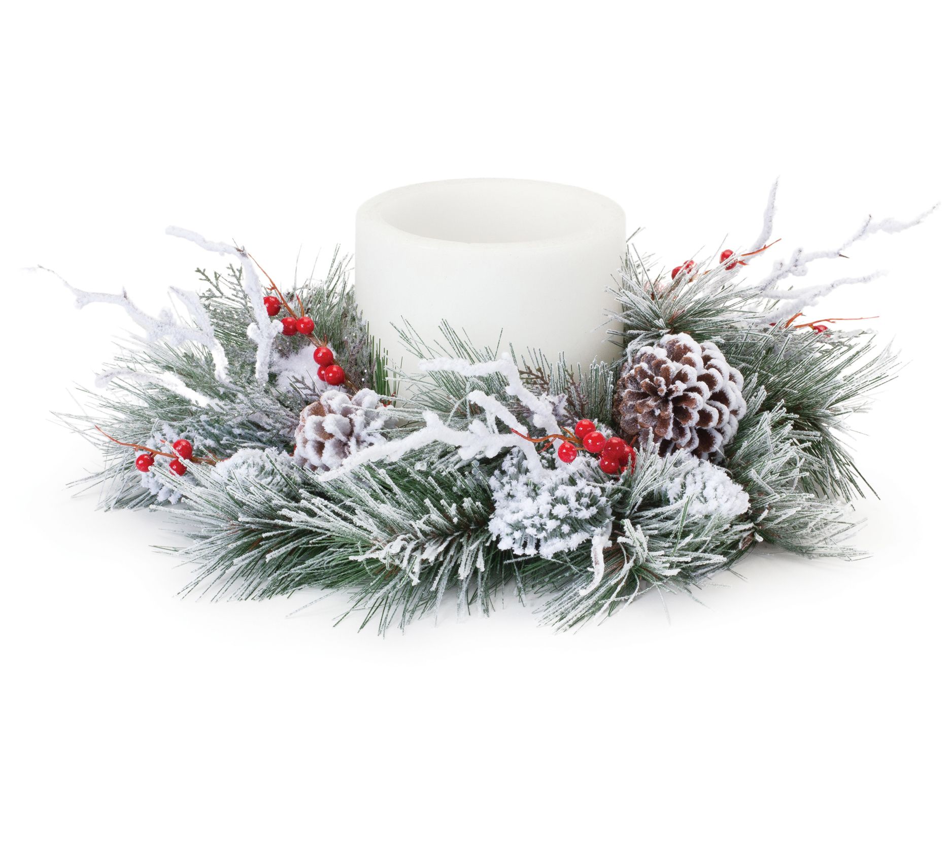 Melrose Flocked Pine Berry Candle Ring 20