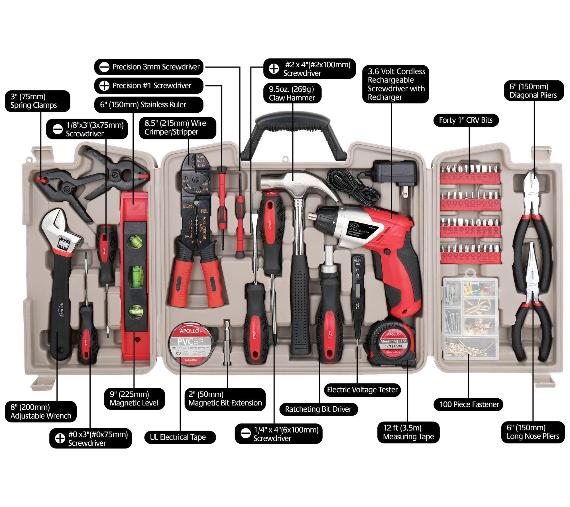 Complete Household tool Kit in case 144 pieces with 4.8V Cordless