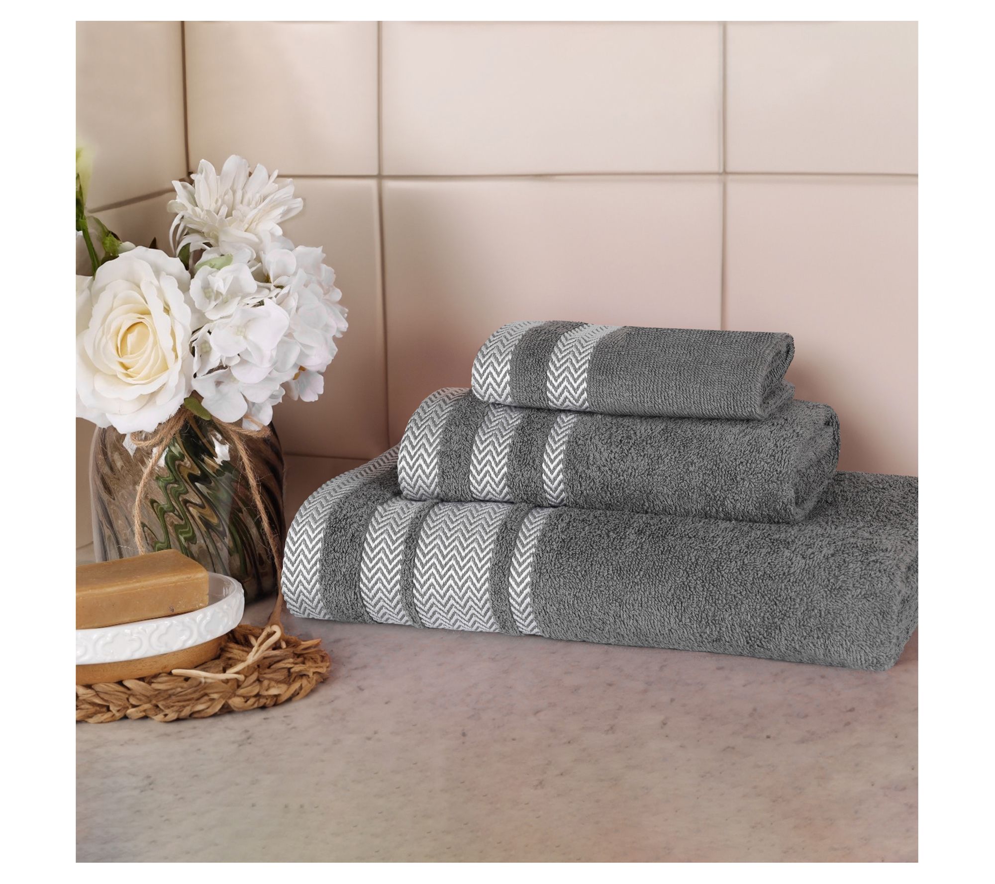 Superior 3pc Zero Twist Cotton Dobby Border Soft Towel Set