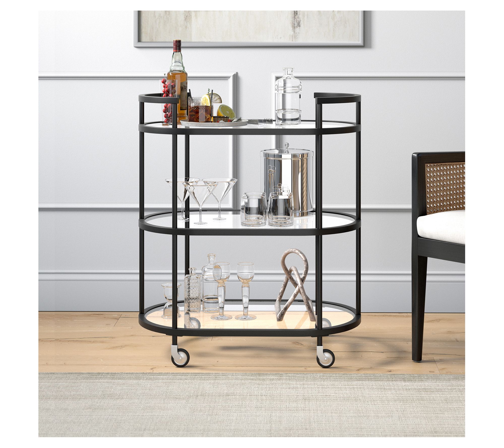 Hudson & Canal Leif 30" Wide Oval Black Bar Cart