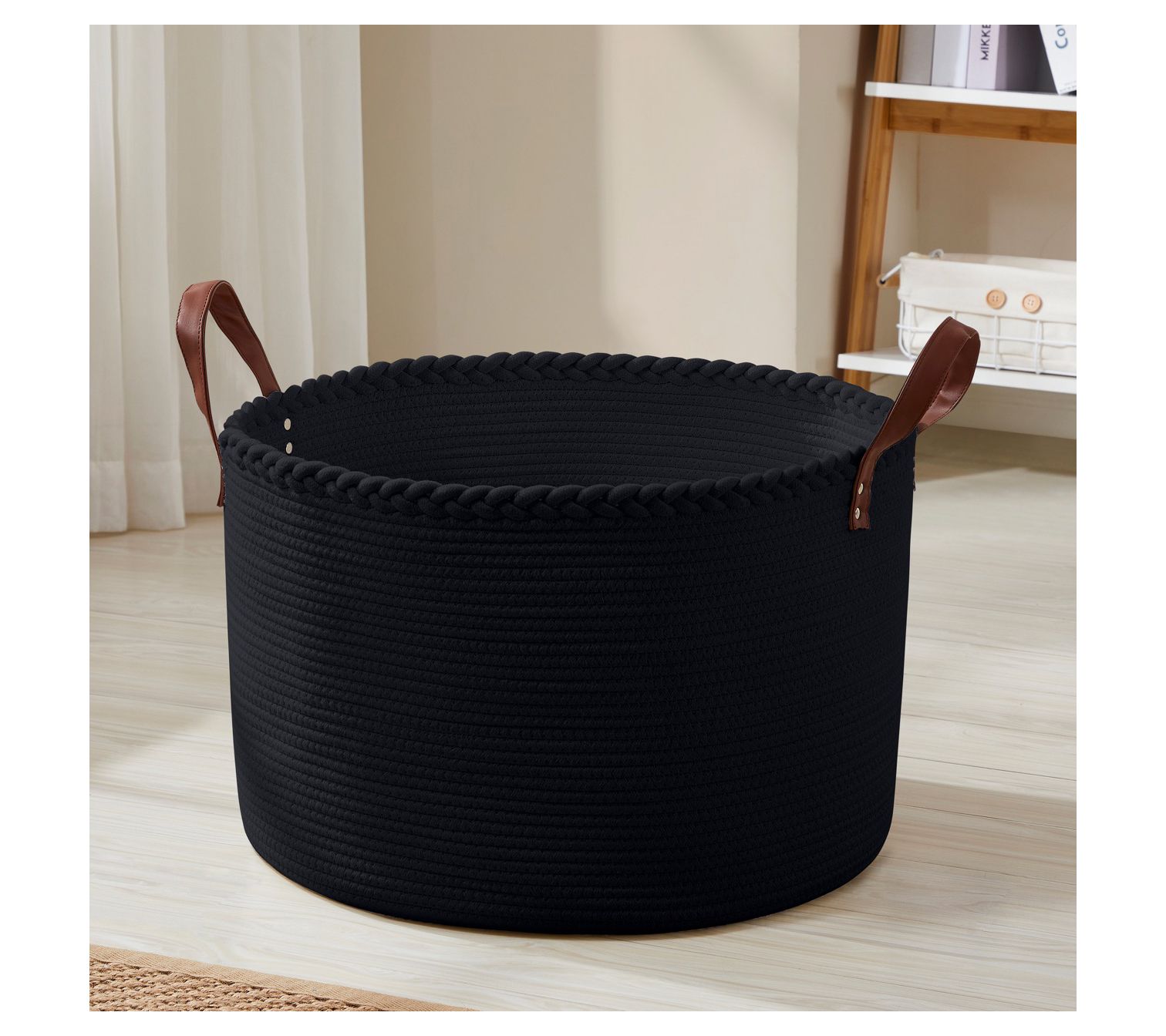 Ornavo Home XL Rope Laundry Storage Basket w/ Leather Handles