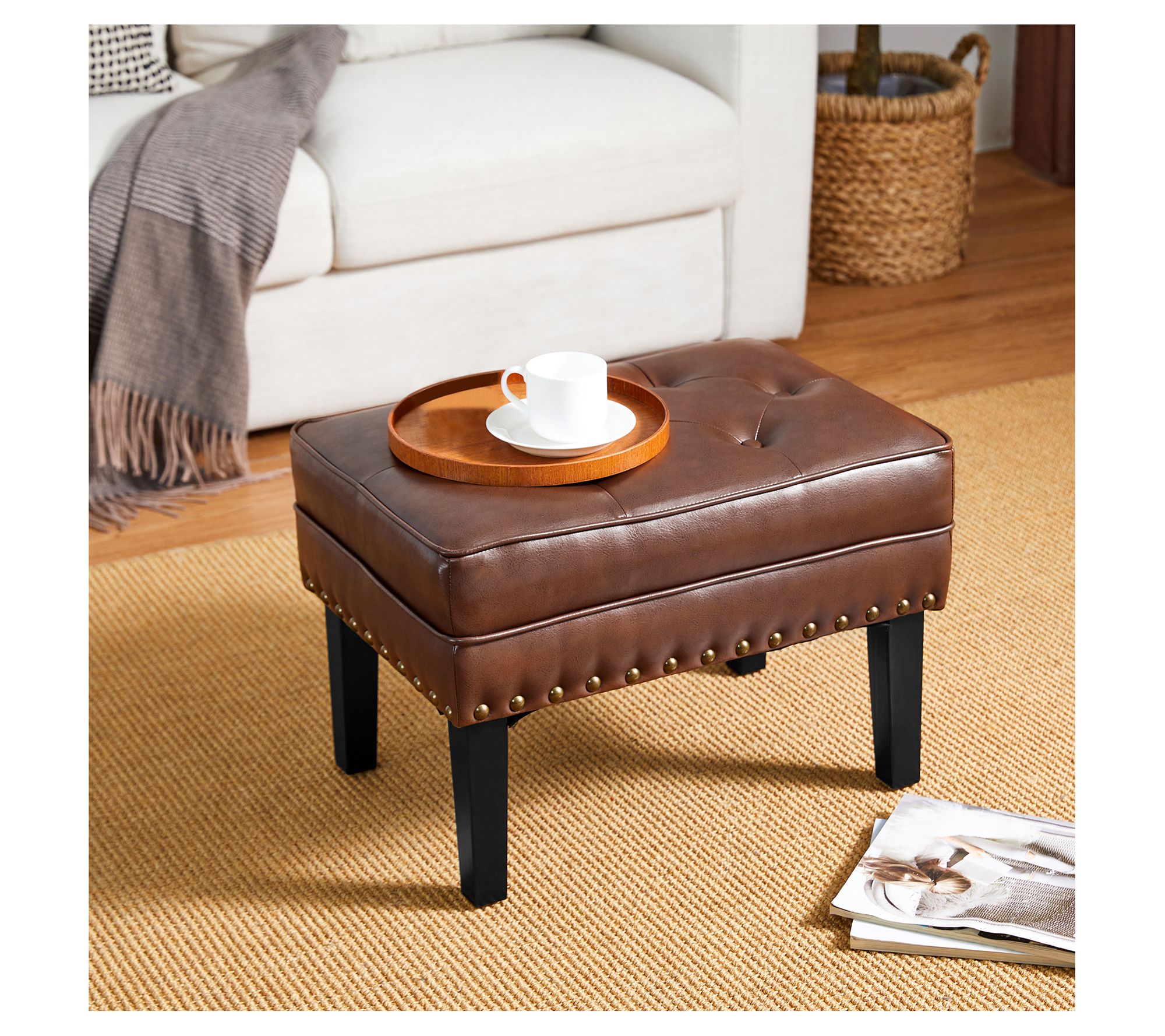 Glitzhome Mid-Century Faux Leather Button-Tufte d Accent Stool
