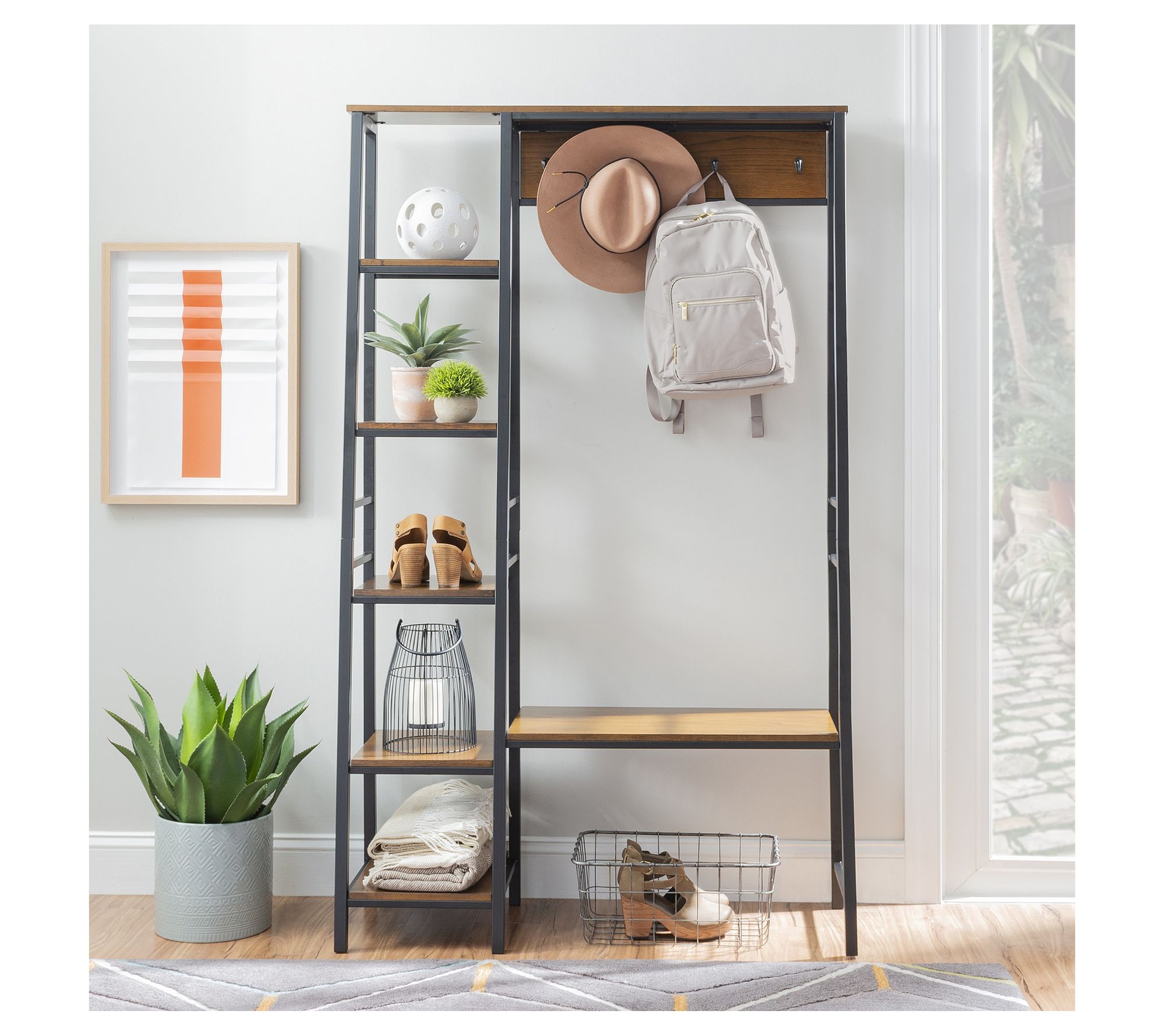 Linon Avery Metal Hall Tree with Shelving and Bench