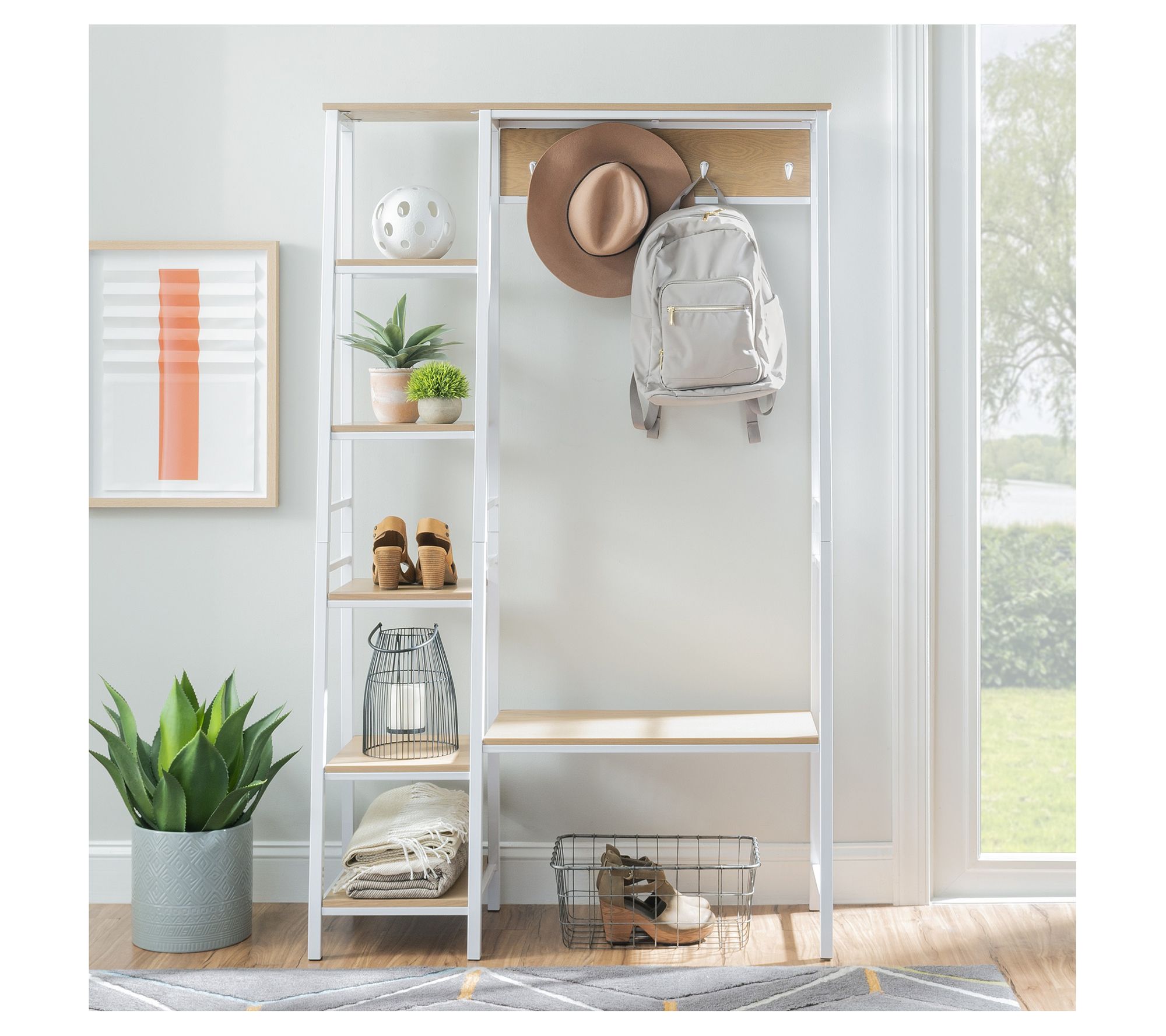 Linon Avery Metal Hall Tree with Shelving and Bench