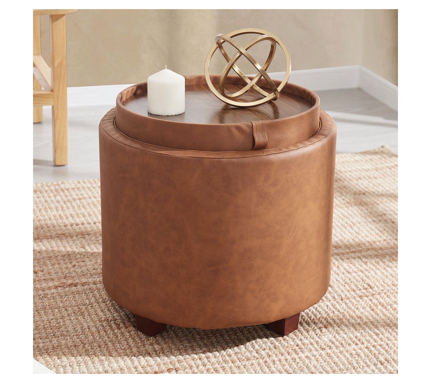 Ornavo Faux Leather Round Storage Ottoman withTray Lid