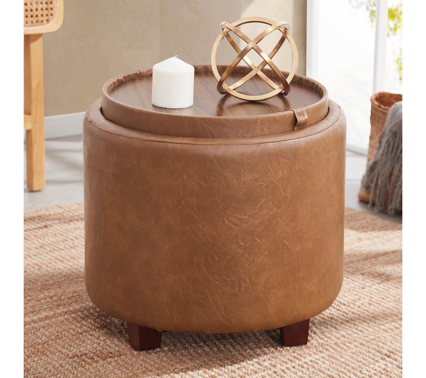 Ornavo Faux Leather Round Storage Ottoman withTray Lid