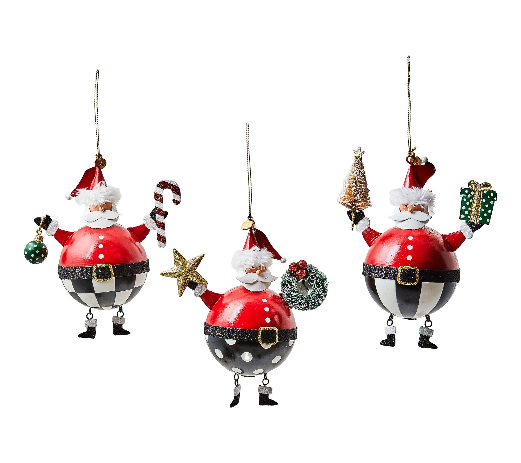MacKenzie-Childs Merry Christmas Tin Santa Ornaments, Set of 3