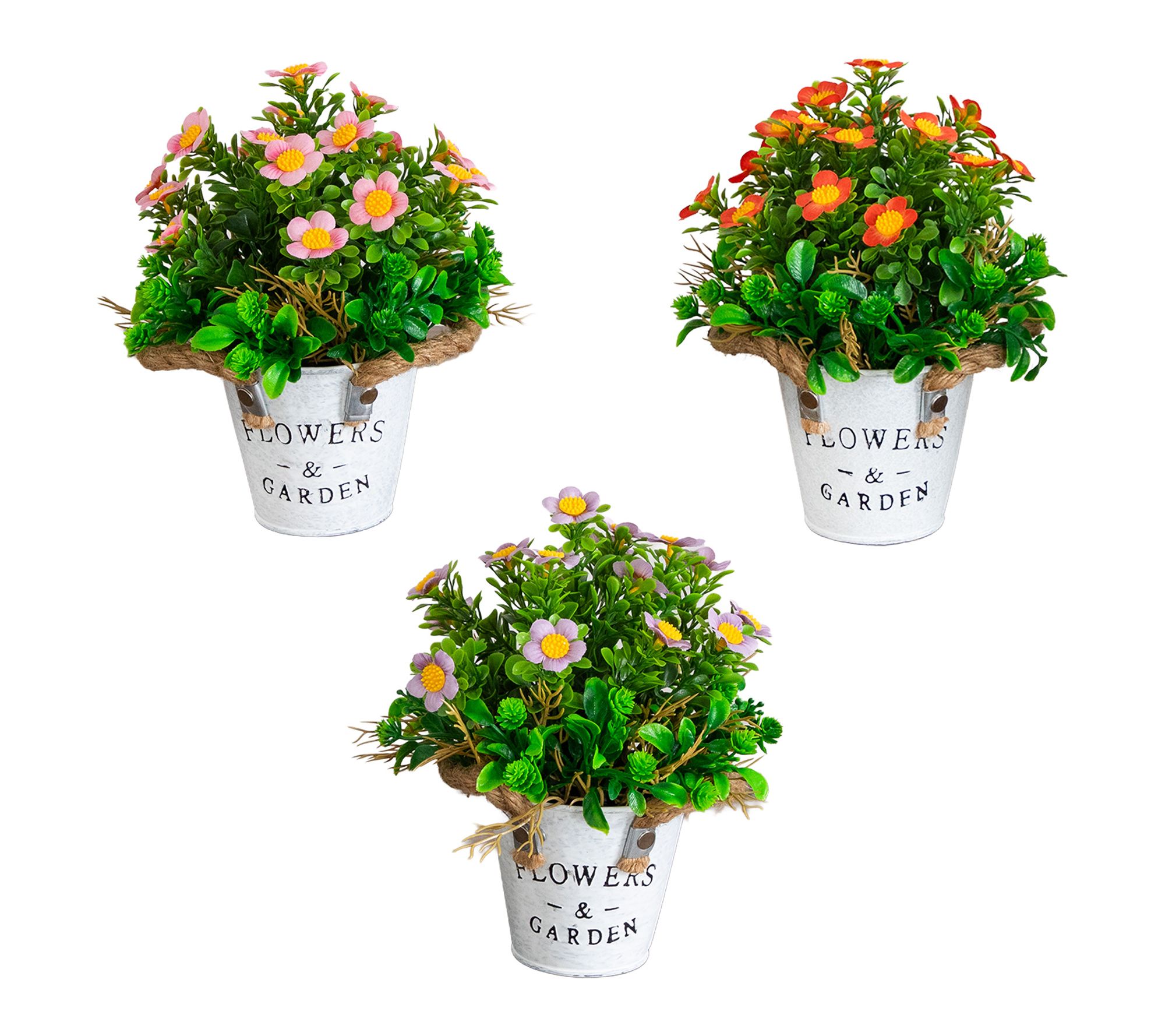 8-in Daisy in Decorative Planter - Set of 3 by Nearly Natural