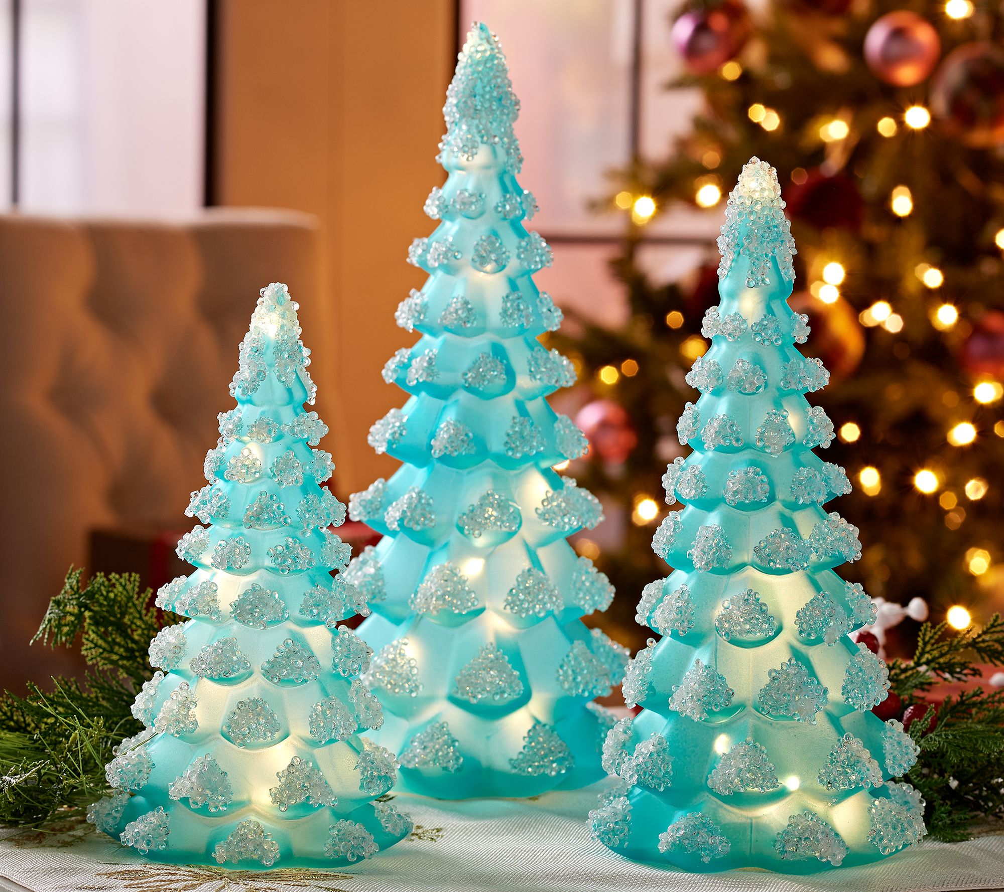 Ceramic Christmas Tree Small White Blue Birds Golden Shimmer and Icy Snow 