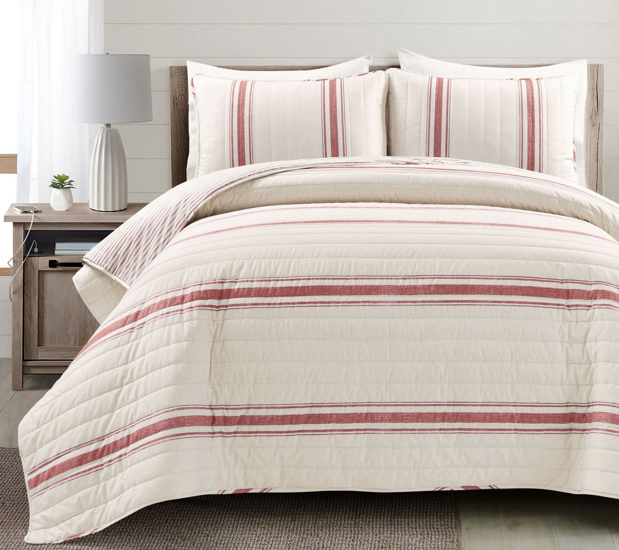 Farmhouse Stripe Reversible Cotton Quilt Blue 3Pc Set King