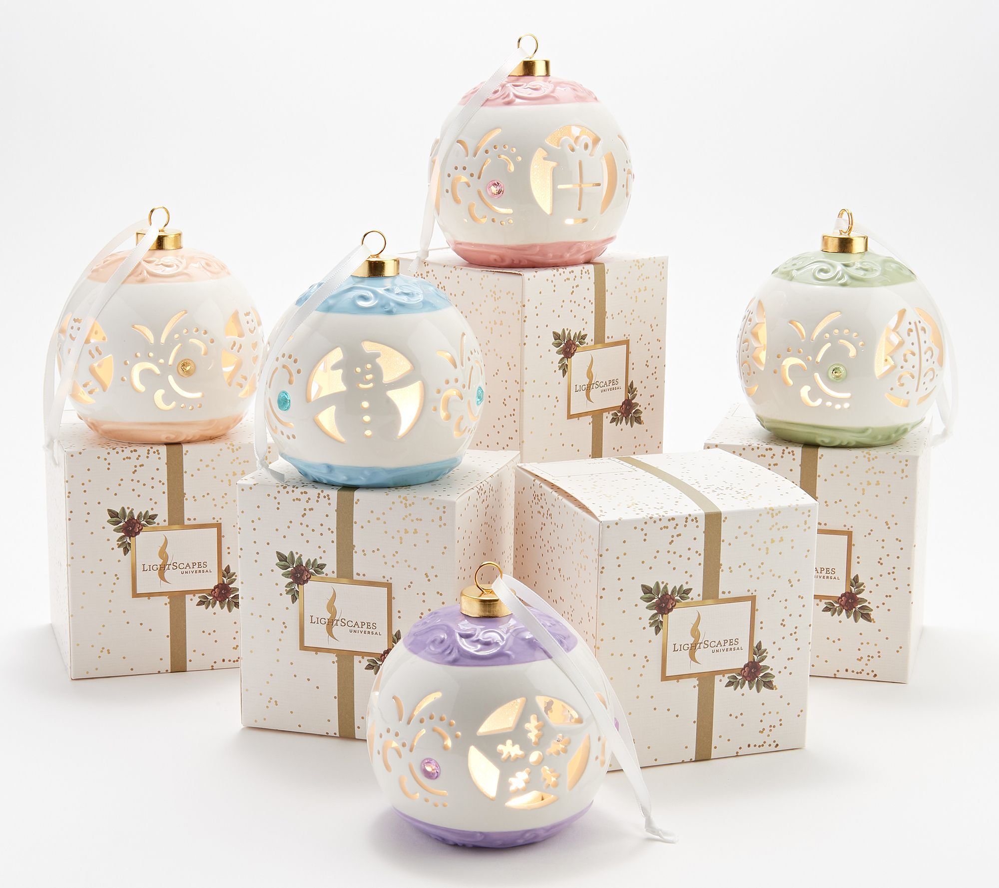 "As Is" Lightscapes Set of 5 Cutwork Ceramic Ornaments