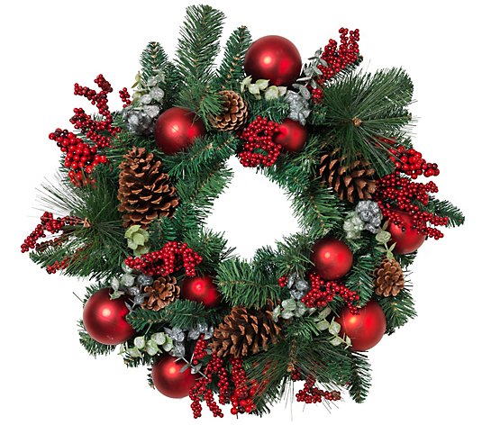 PVC Pine Wreath w/ Various Pine Styles Ornaments and Berries