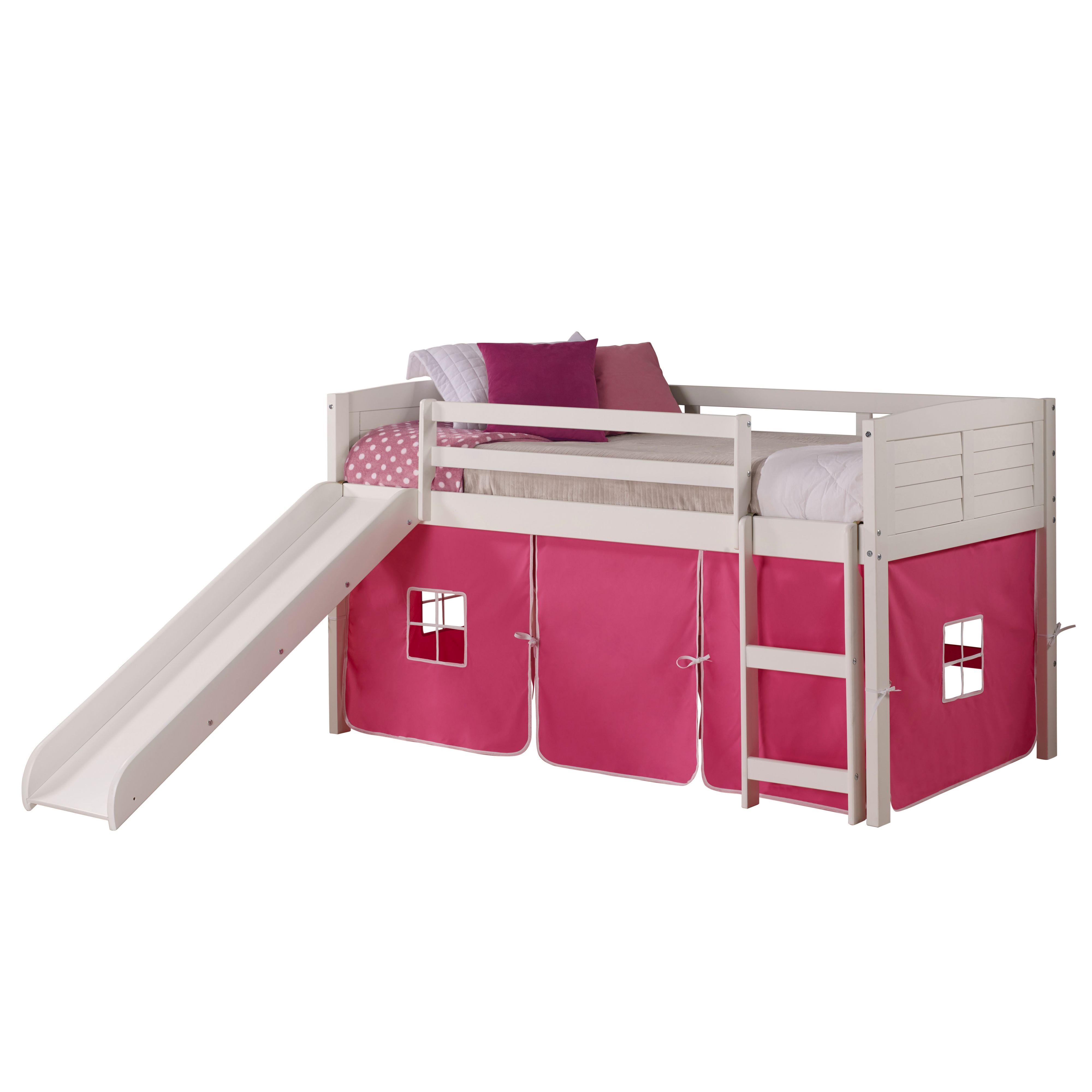 Donco Kids Twin Louver Low Loft White Bed, CamoTent, Slide