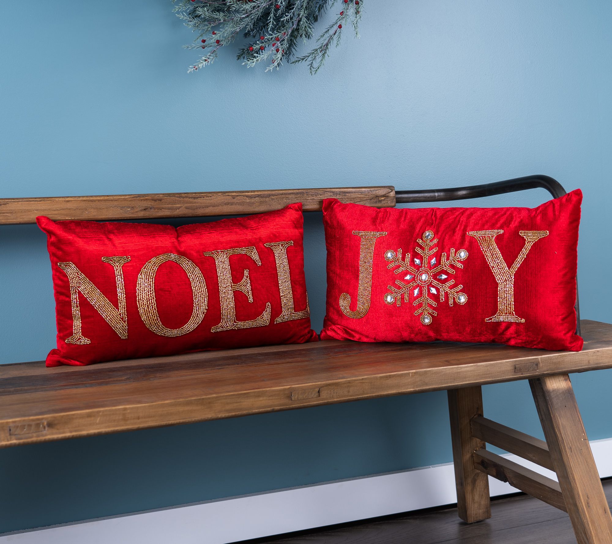 Set of 2 Red Beaded Joy & Noel Christmas Throw Pillows 19