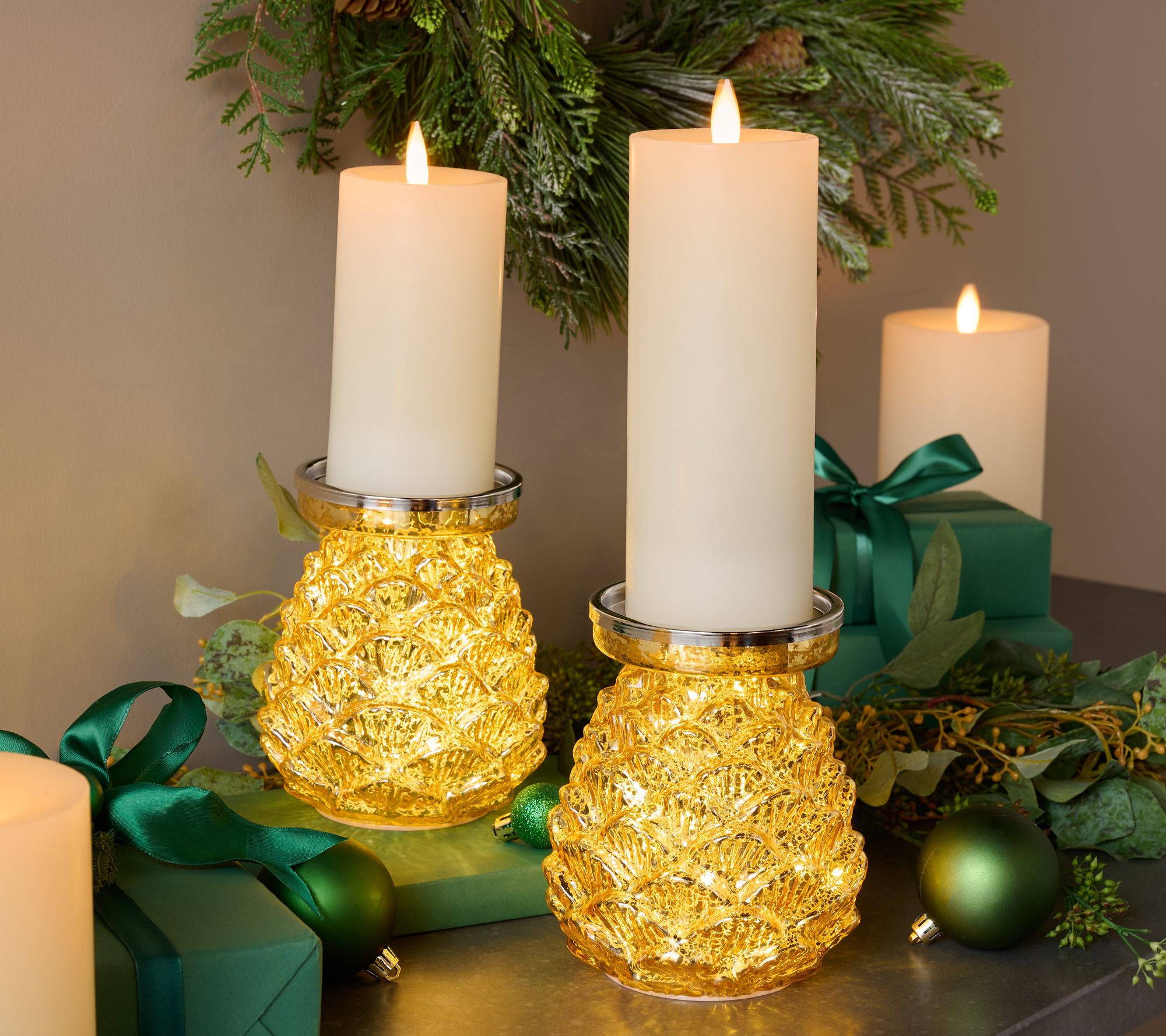 Set of 2 Lit Mercury Glass Pinecone Pedestals by Valerie
