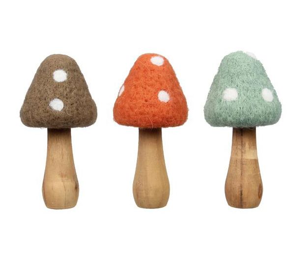 Young's Wood and Wool Tabletop Mushroom Decor,Set of 3