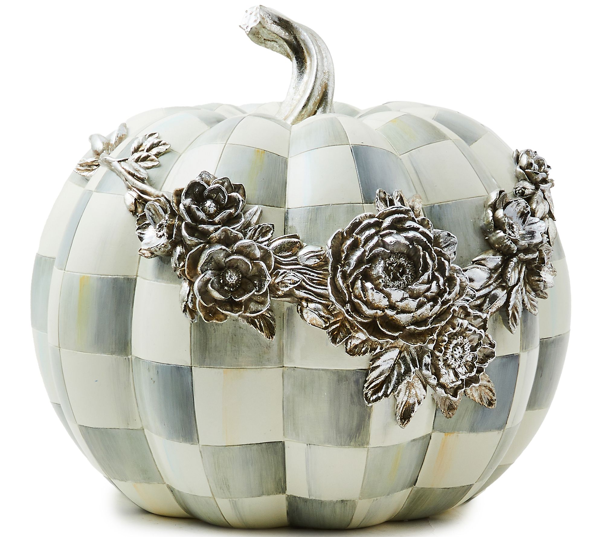 As Is MacKenzie-Childs Sterling Check Large Floral Pumpkin