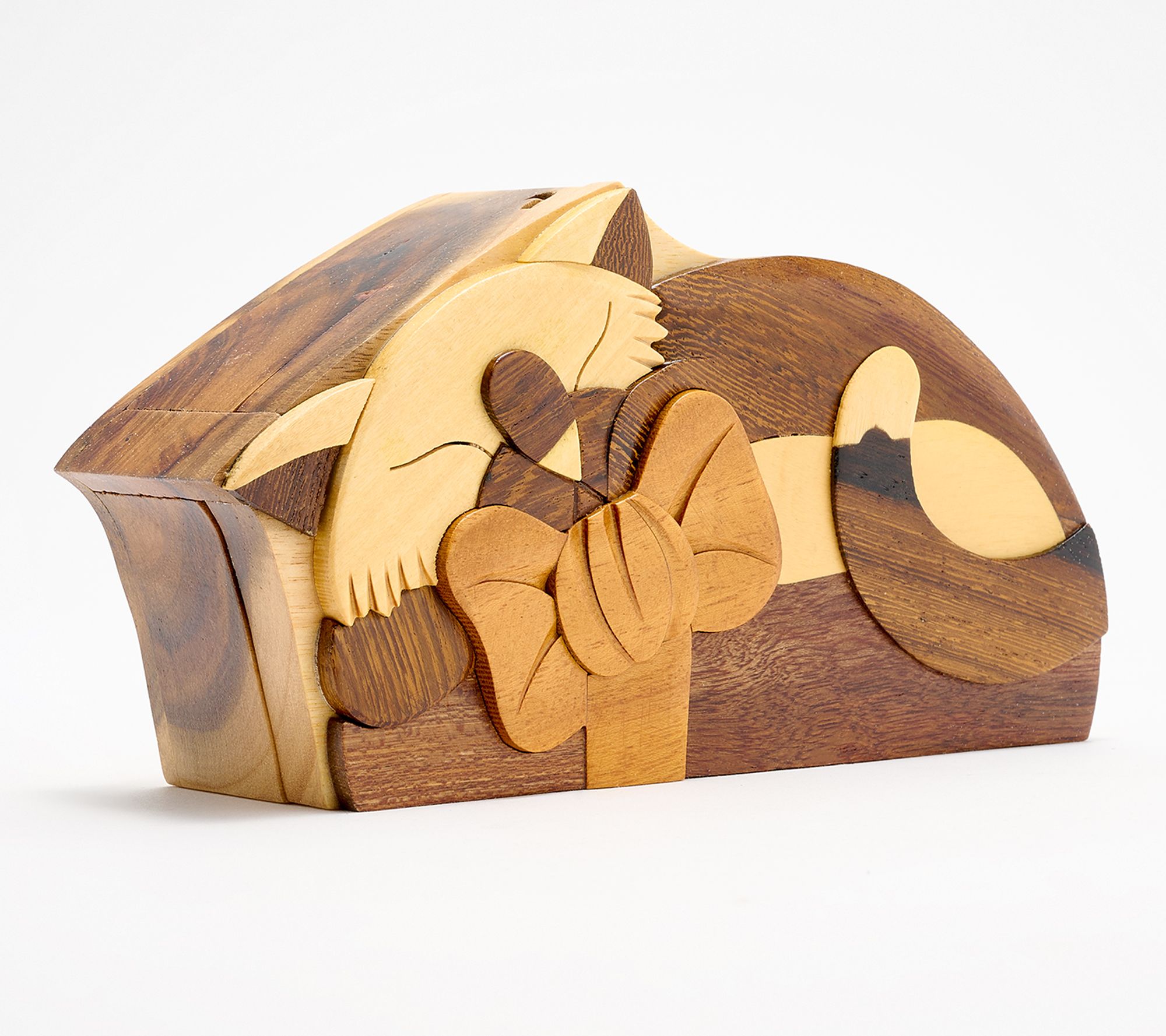 Carver Dan's Handcrafted Cat with Bow Puzzle Box
