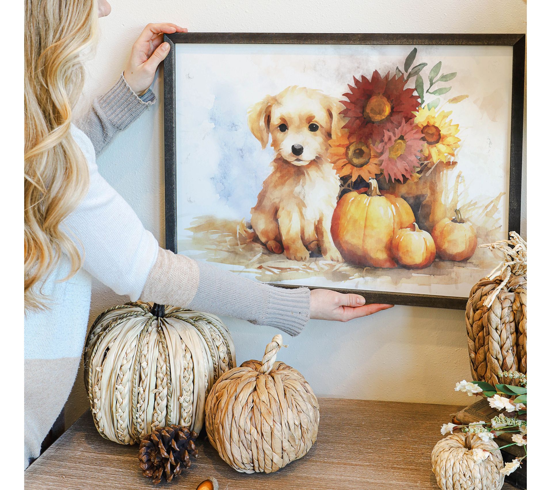 Sincere Surroundings 24" Puppy Sunflower Pumpkins Thin Frame