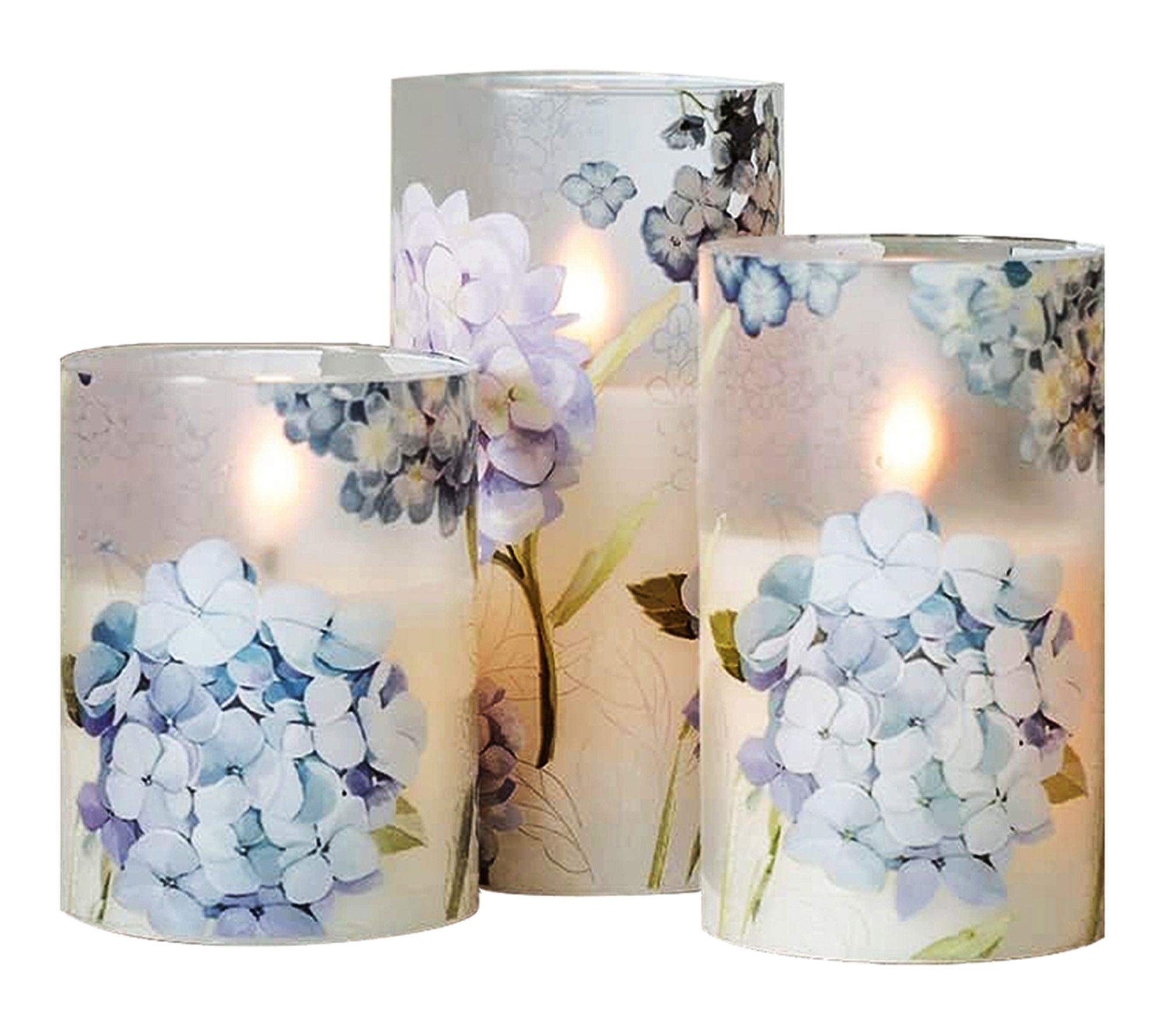 LumaBase Battery-Operated Glass Hurricane w Hydrangea-Set of 3