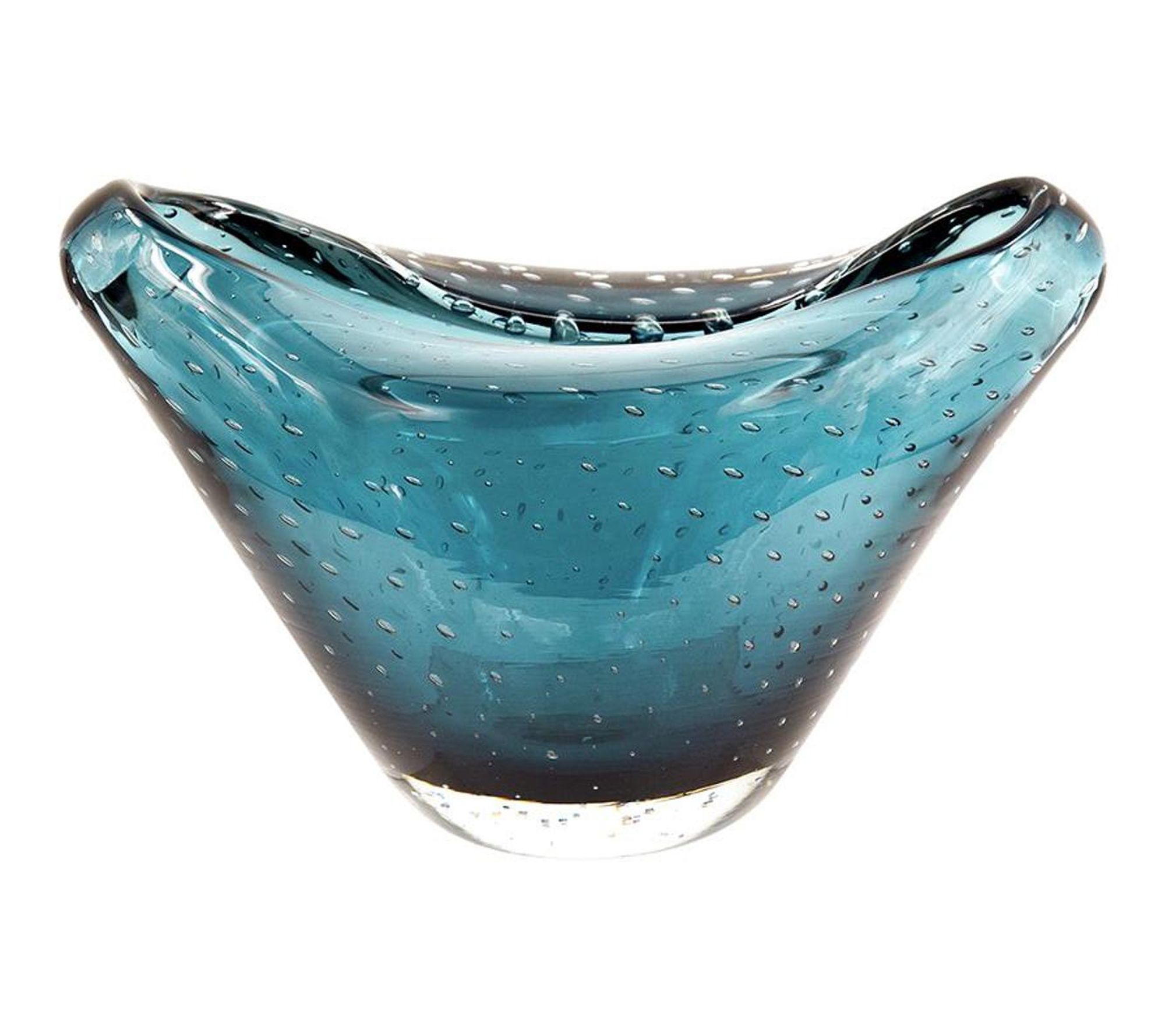 HomeRoots 11" Turquoise Glass Wavy Edge Oval Centerpiece Bowl