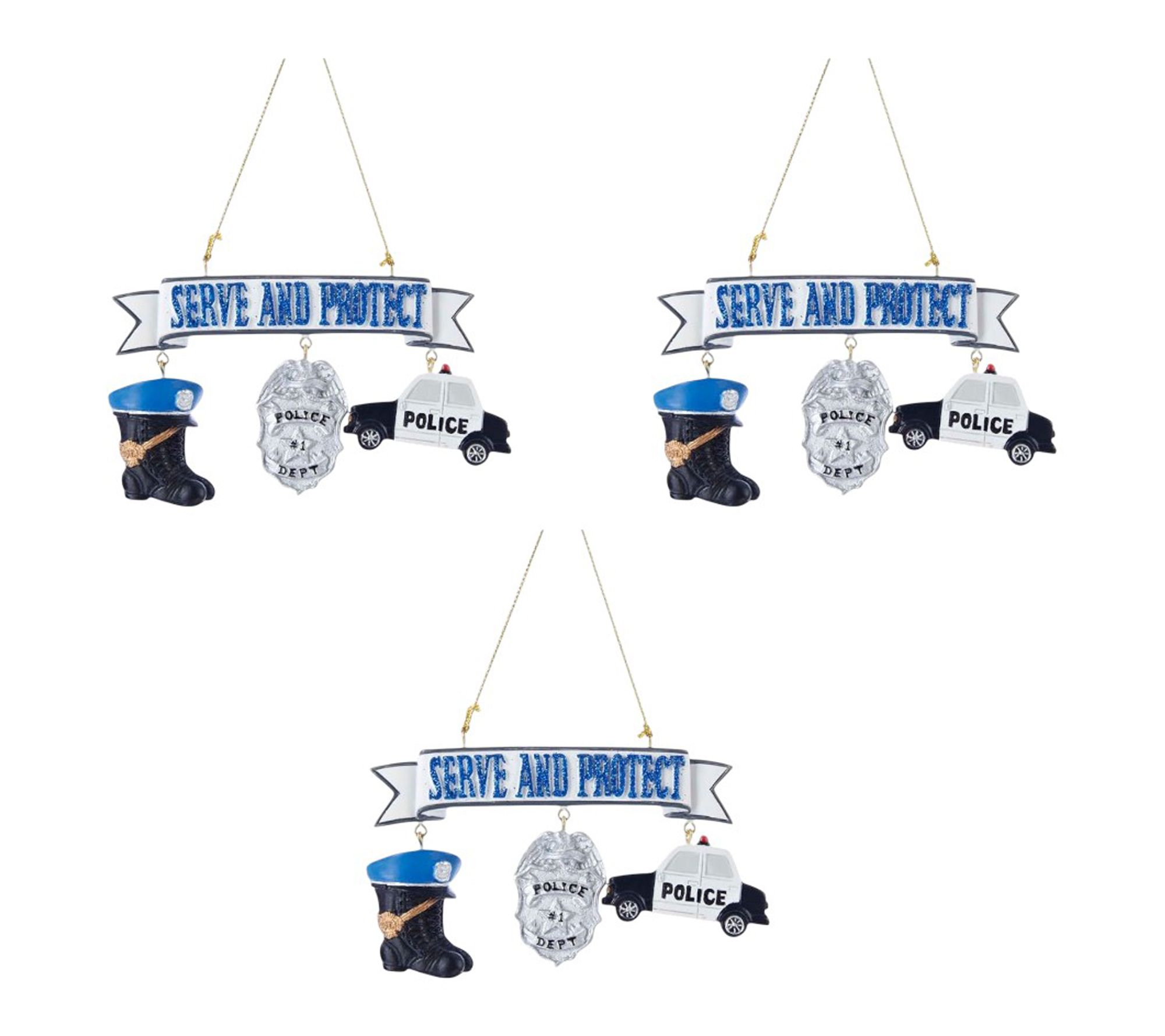 RC Home Decor Set of 3 "Serve and Protect" Police Ornaments