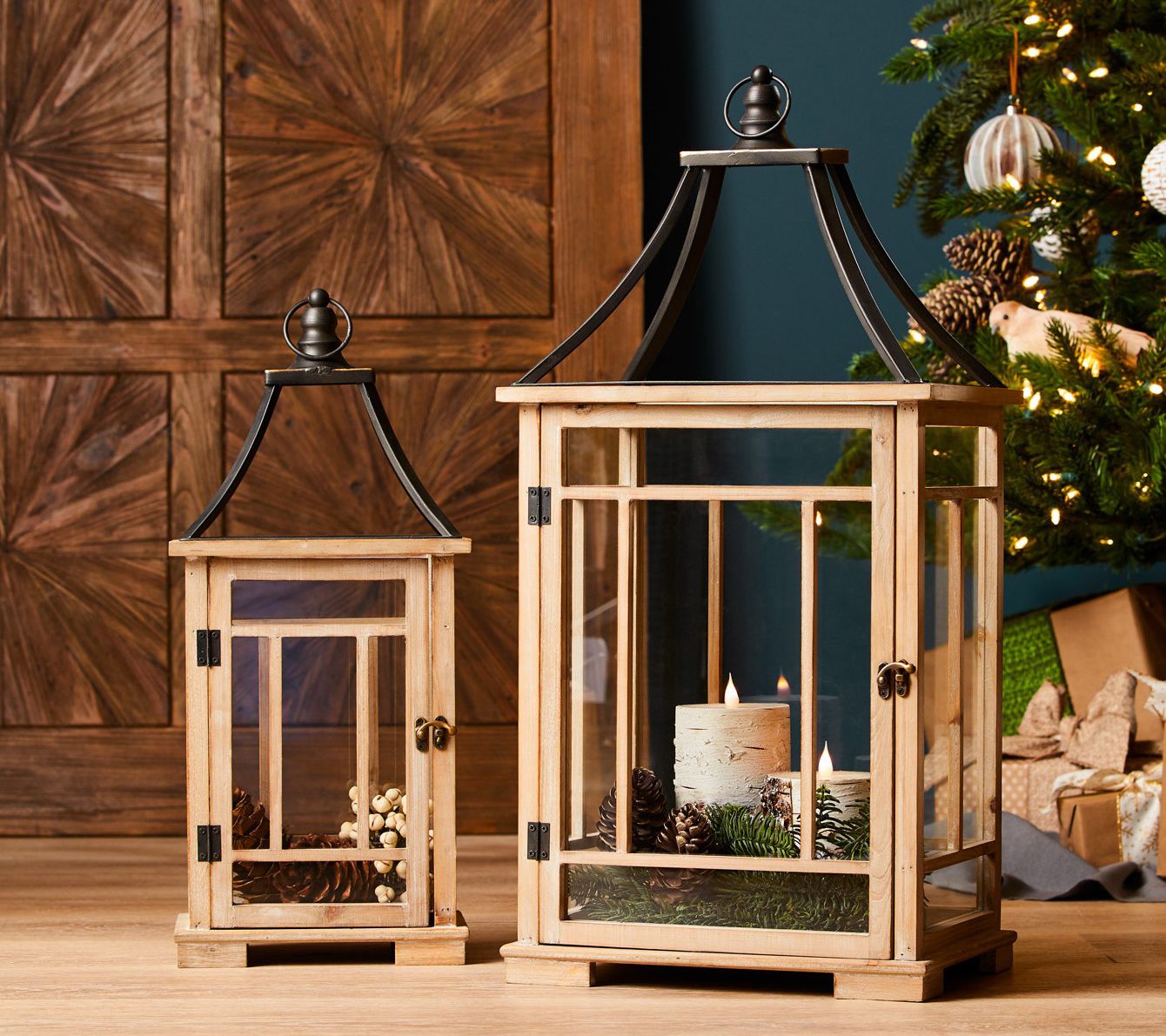 Melrose Natural Wooden Floor Lantern with Open Top (Set of 2) - QVC.com