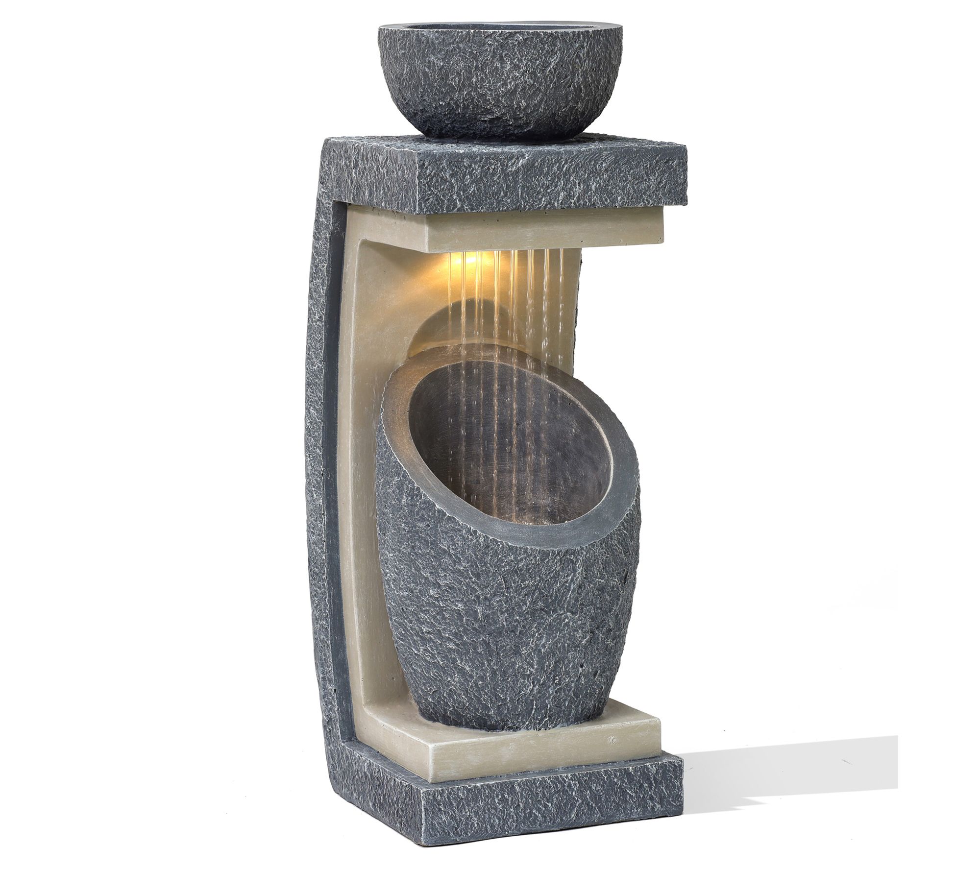 LuxenHome Gray Resin Column an d Bowl Sculptur e Fountain