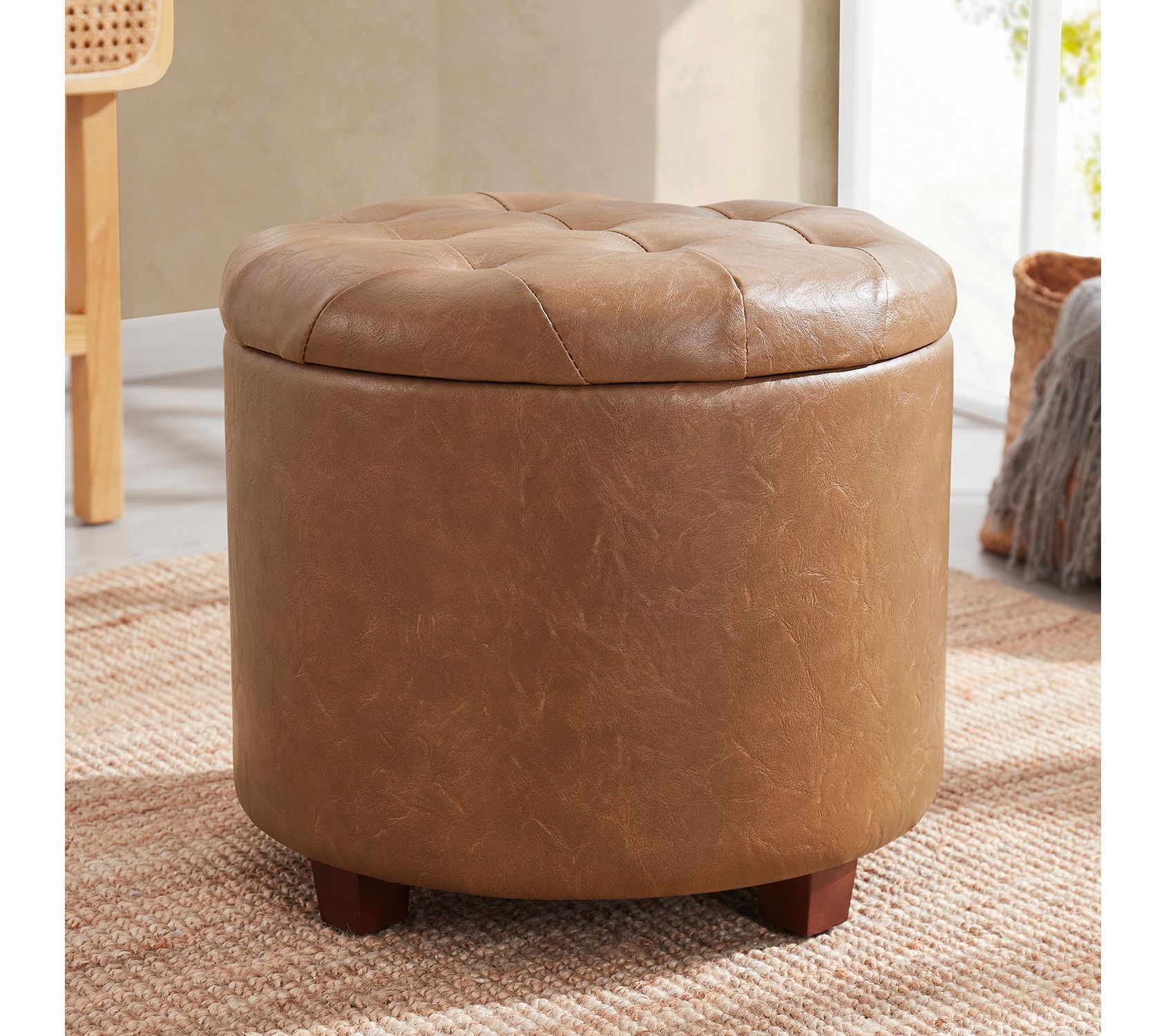 Ornavo Round Faux Leather Storage Ottoman withTufted Lid
