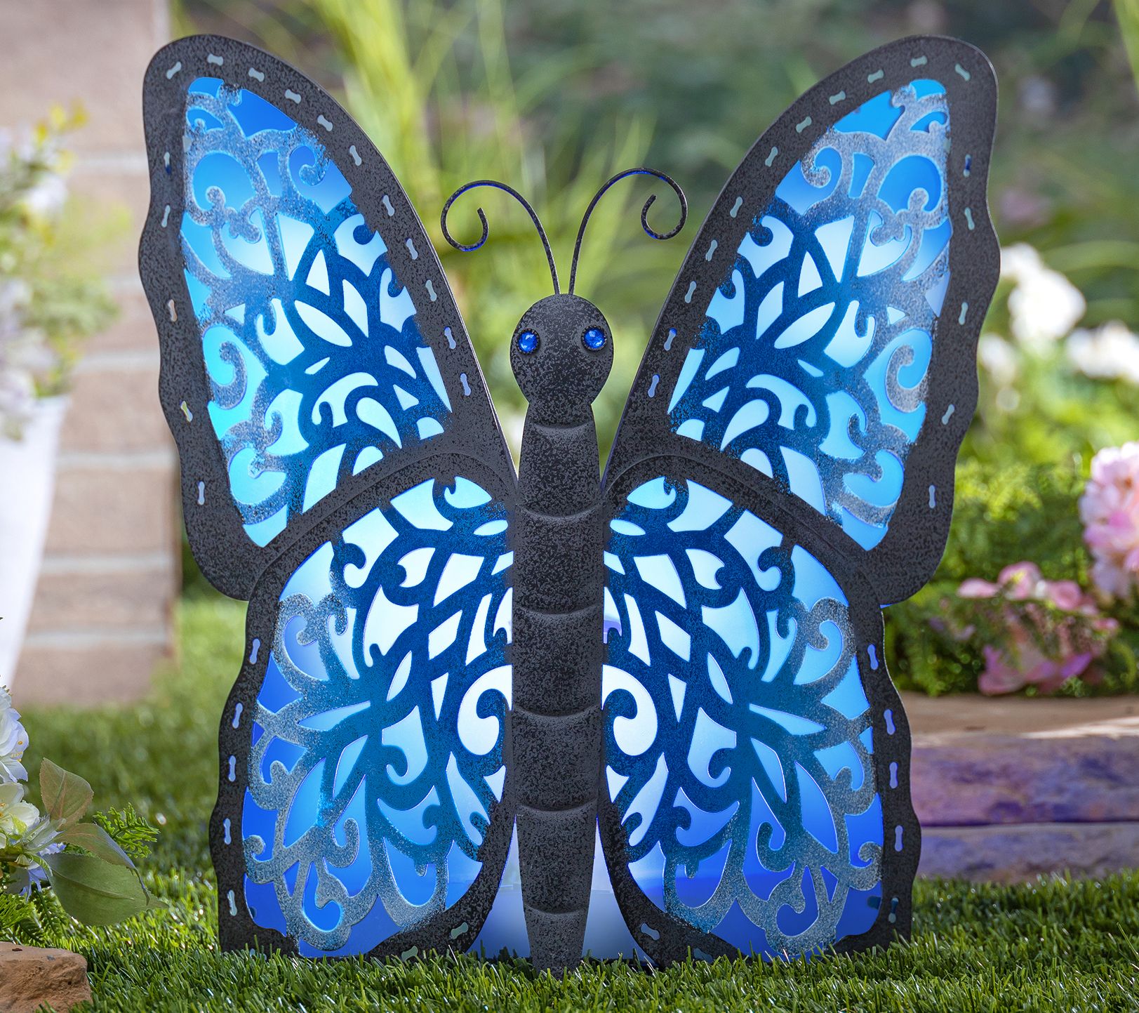 15.55 In Lighted Dark Grey Metal Butterfly by Garden Meadow